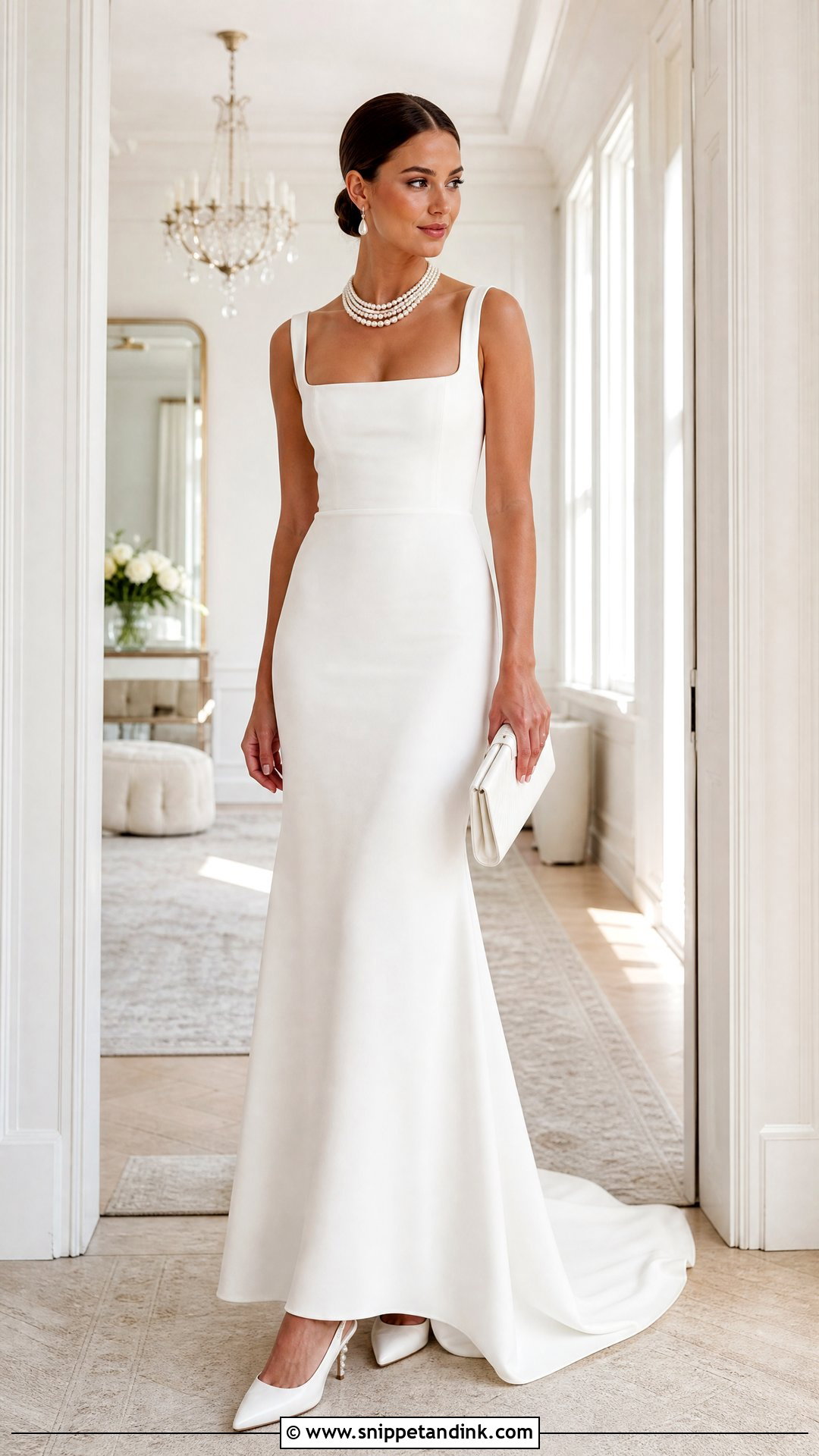 Square Neck Wedding Dress With Layered Pearl Necklace - Snippet and Ink - 20 Pearl Necklace Wedding Dress Ideas