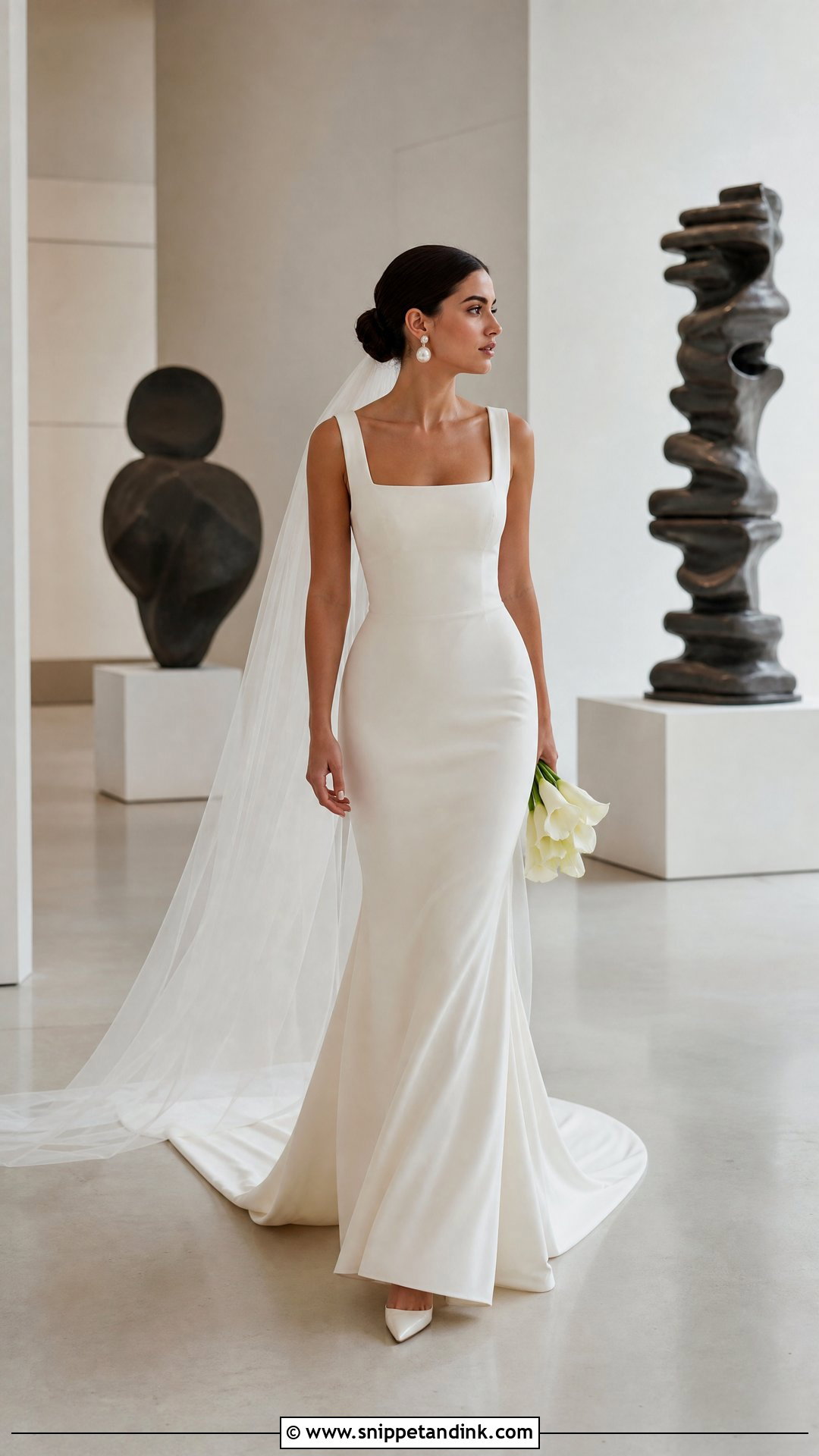Square Neck Wedding Dress With Long Crepe Train - Snippet and Ink - 20 Wedding Dresses with Long Trains