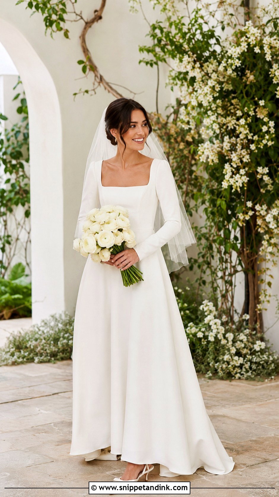Square Neck Wedding Dress With Long Sleeves - Snippet and Ink - 20 Modest Simple Wedding Dress Ideas