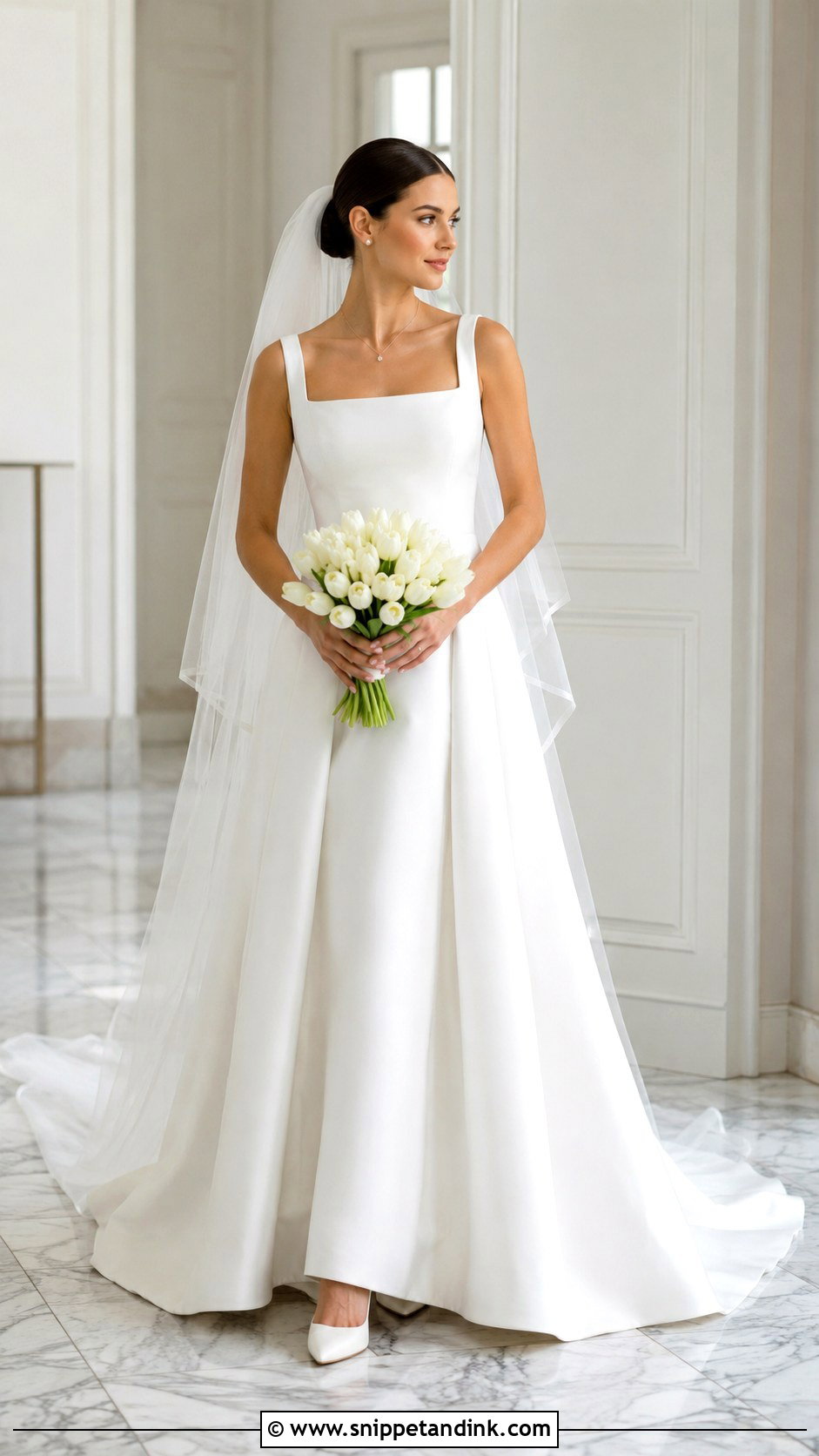Square Neck Wedding Dress With Long Train - Snippet and Ink - 20 Long Tail Wedding Dress Ideas