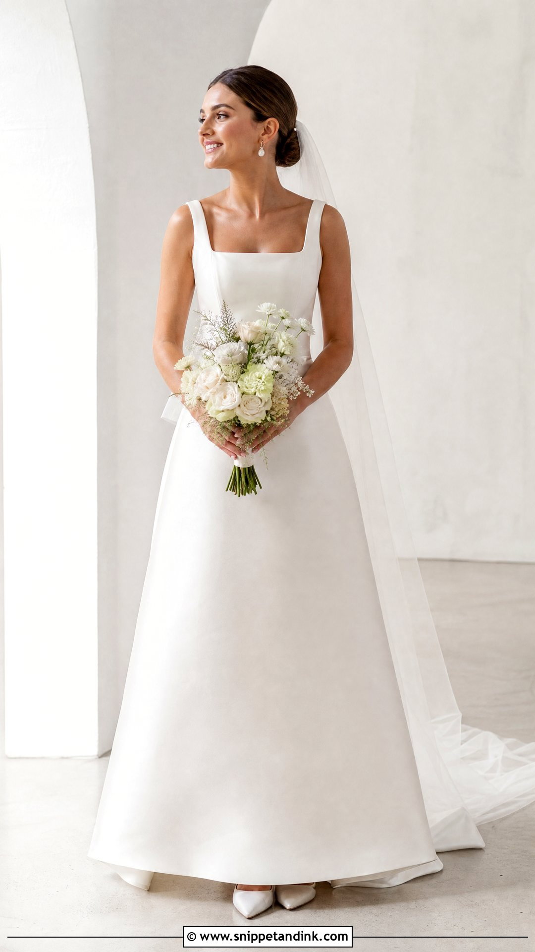 Square Neck Wedding Dress With Low Bun - Snippet and Ink - 25 Different Wedding Dress Styles
