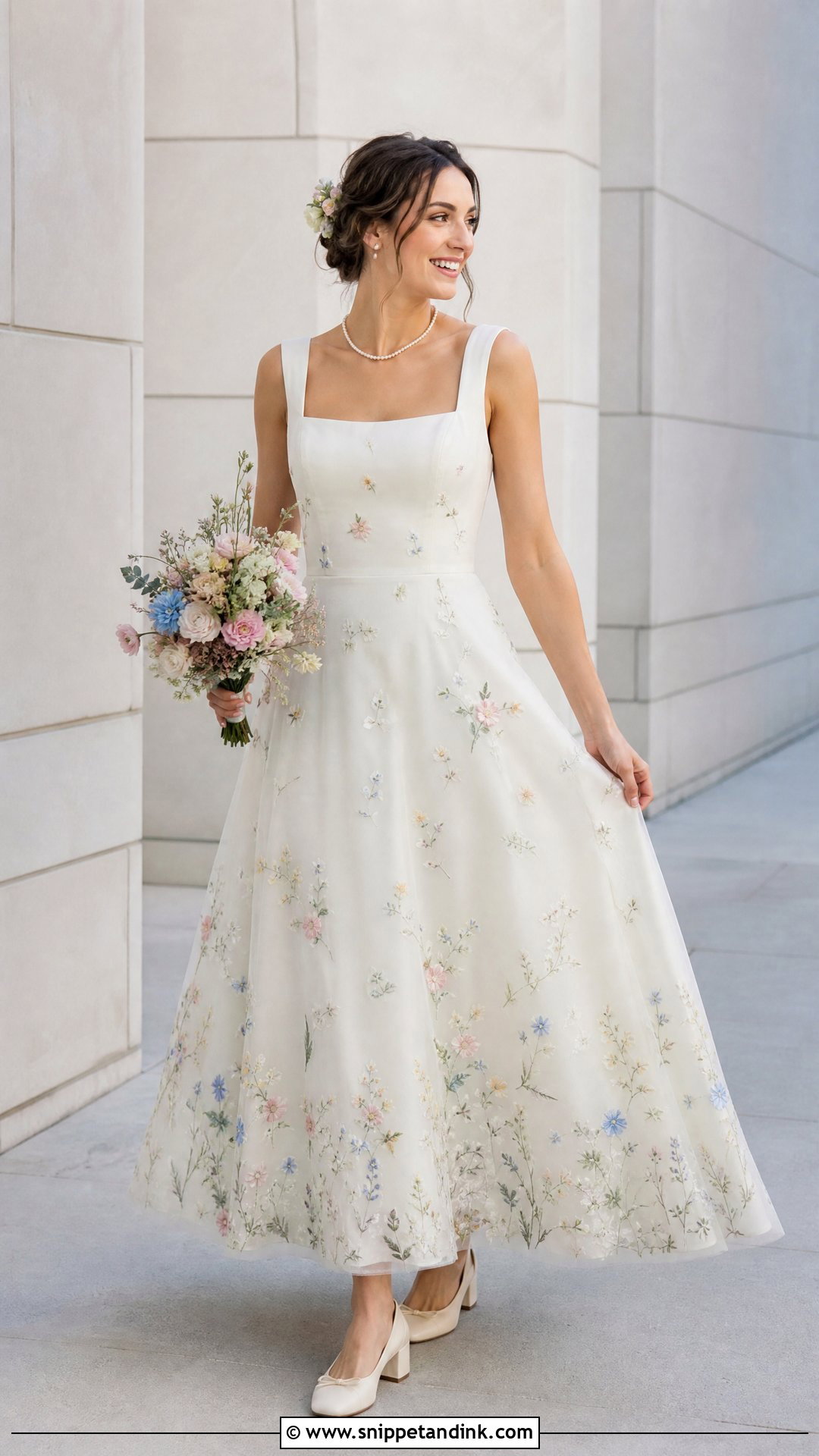 Square Neck Wedding Dress With Pastel Flowers - Snippet and Ink - 20 Wedding Dress with Colorful Flowers