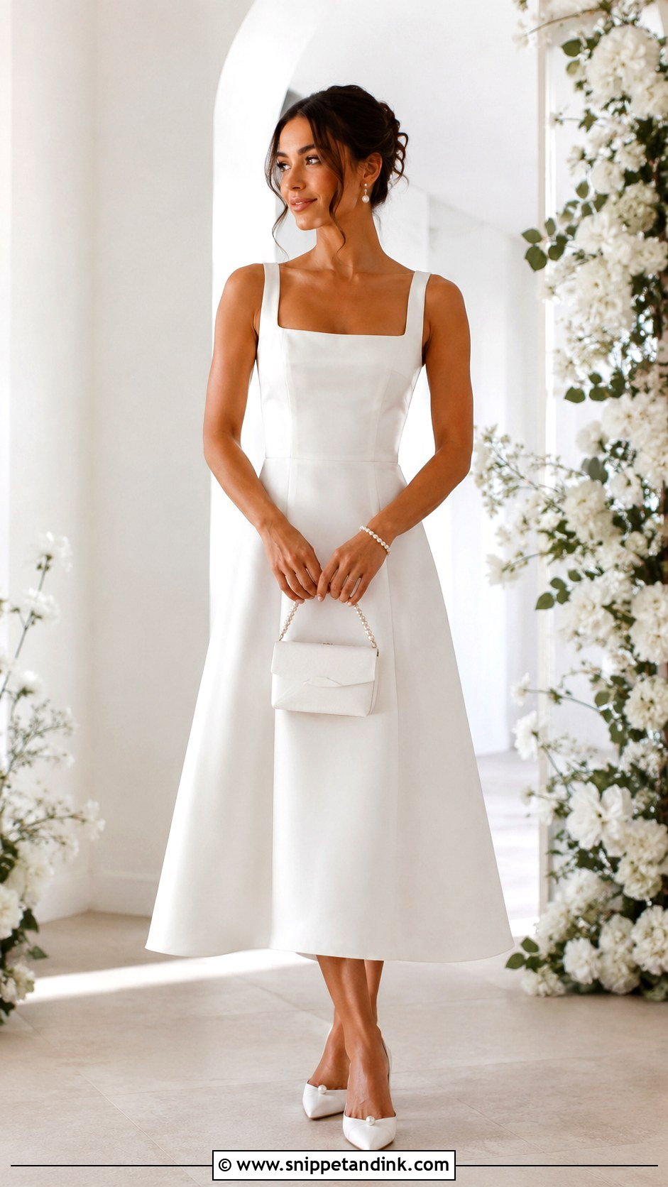 Square Neck Wedding Dress With Pearl Accessories - Snippet and Ink - 25 Small Wedding Dress Ideas