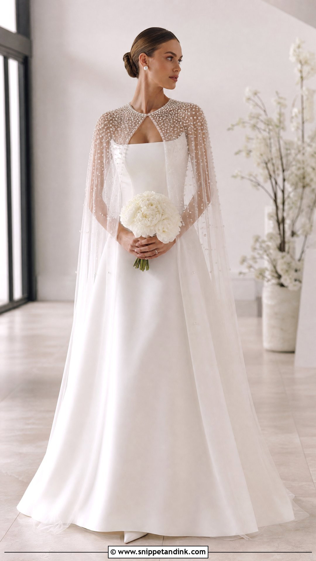 Square Neck Wedding Dress With Pearl Cape - Snippet and Ink - 20 Wedding Dress with a Cape Ideas