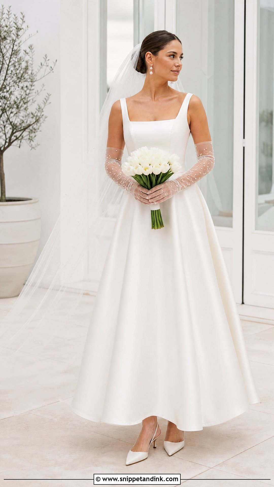 Square Neck Wedding Dress With Pearl Gloves - Snippet and Ink - 20 Wedding Dress and Gloves Ideas
