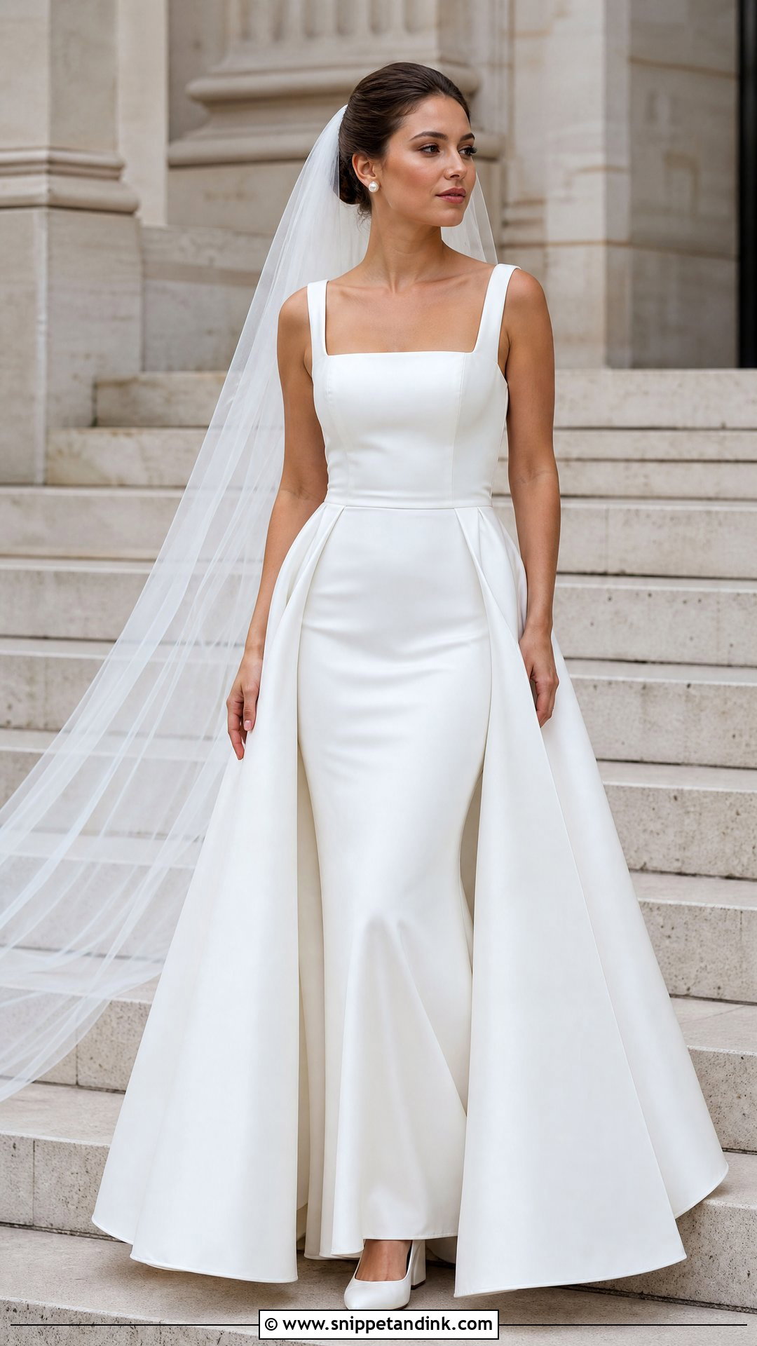 Square Neck Wedding Dress With Pleated Overskirt - Snippet and Ink - 20 Removable Skirt Wedding Dress Ideas