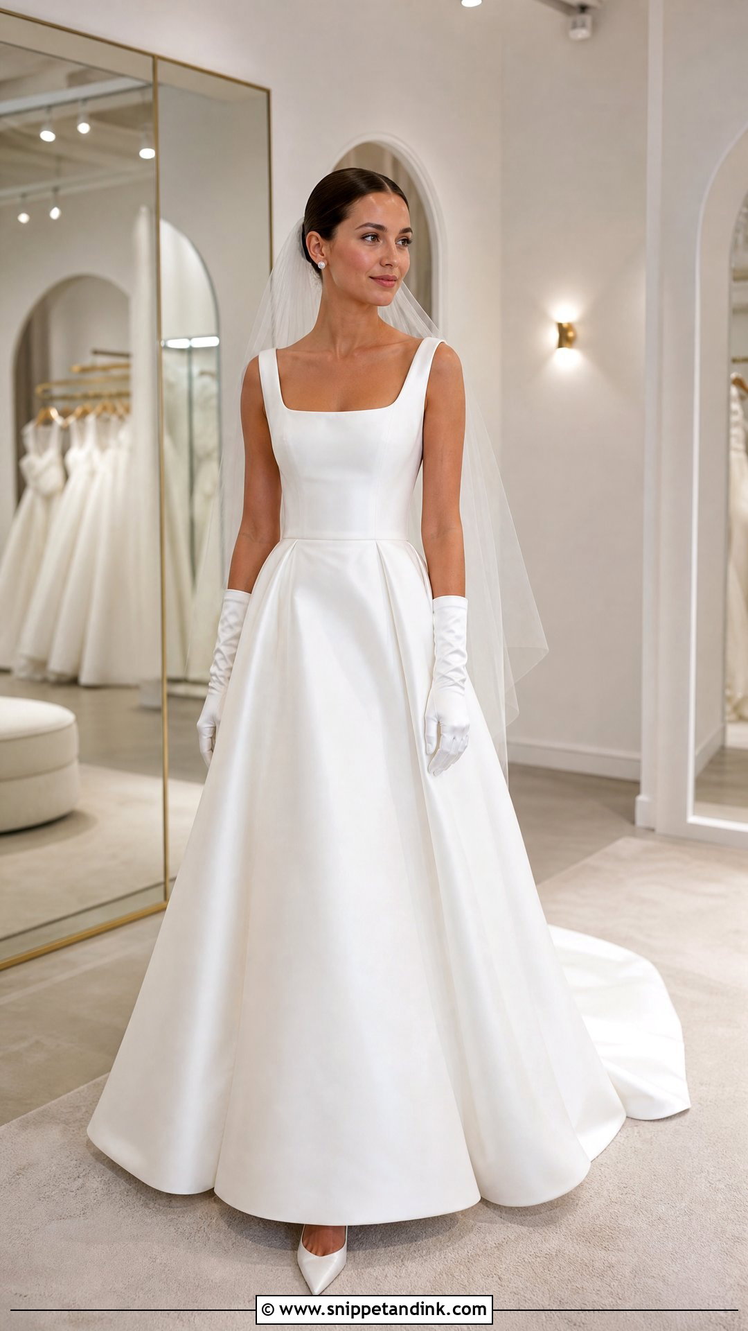 Square Neck Wedding Dress With Satin Gloves - Snippet and Ink - 20 Trying on Wedding Dresses