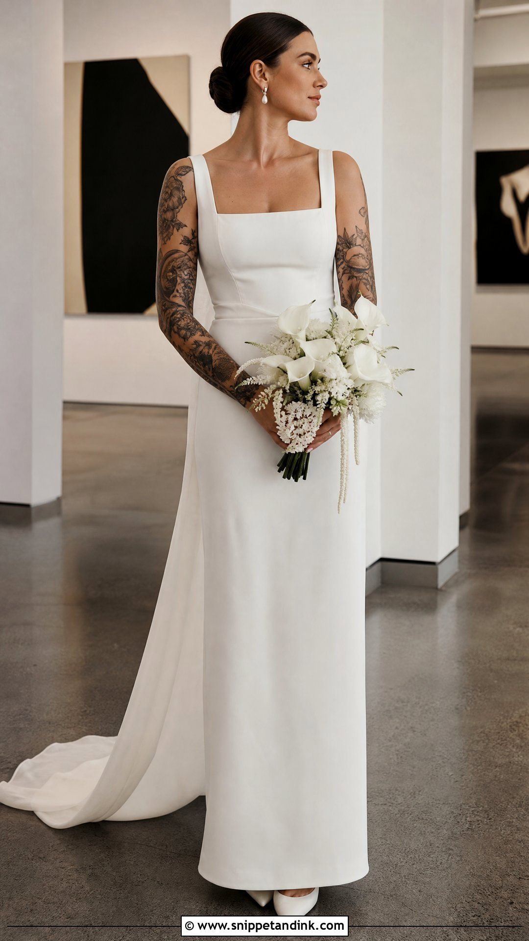 Square Neck Wedding Dress With Sleeve Tattoos - Snippet and Ink - 20 Tattoos in Wedding Dress Ideas