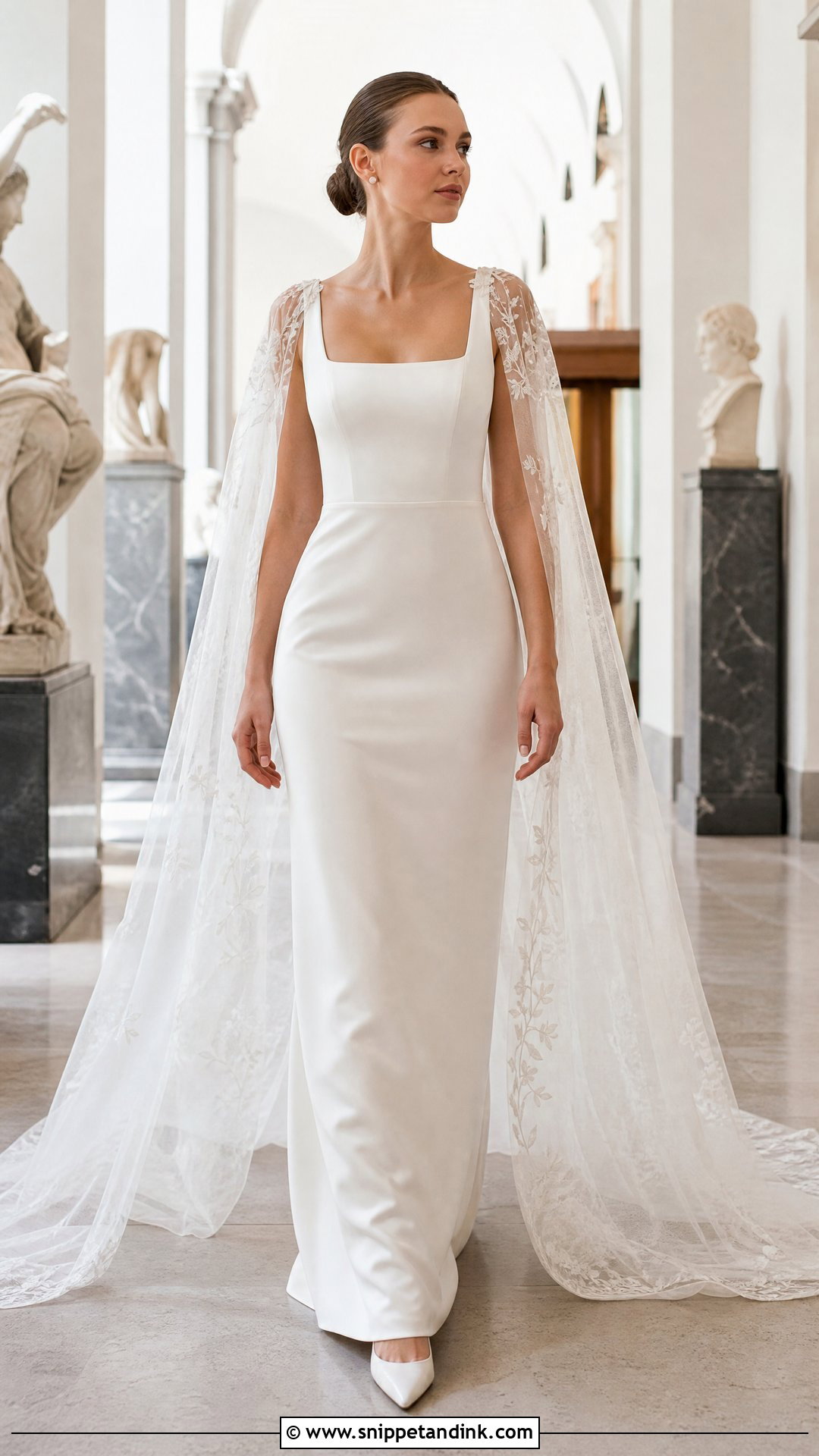 Square Neck Wedding Dress With a Cape - Snippet and Ink - 20 Square Wedding Dress Ideas