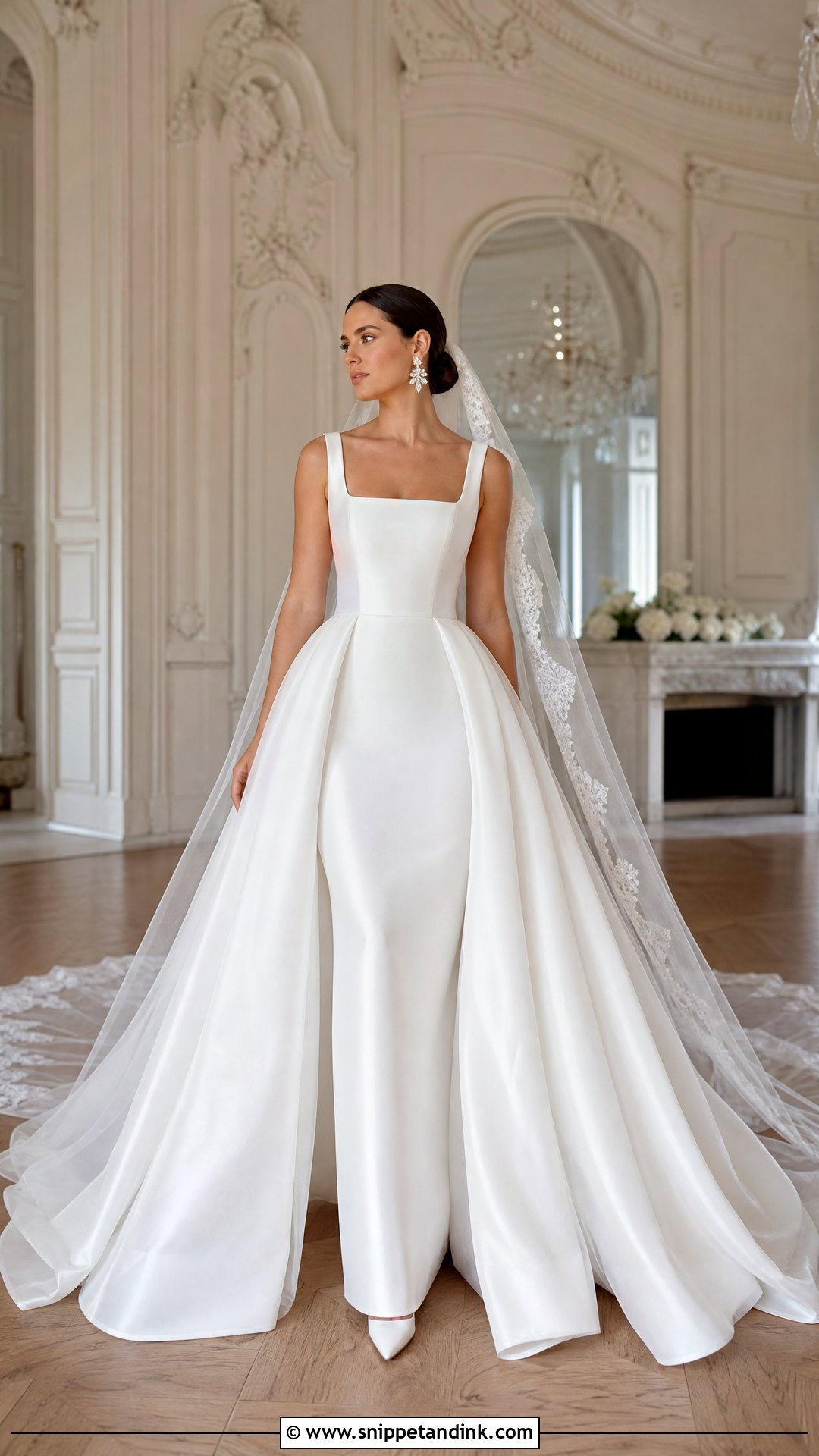 Square Neck Wedding Dress With a Detachable Overskirt - Snippet and Ink - 20 Square Wedding Dress Ideas