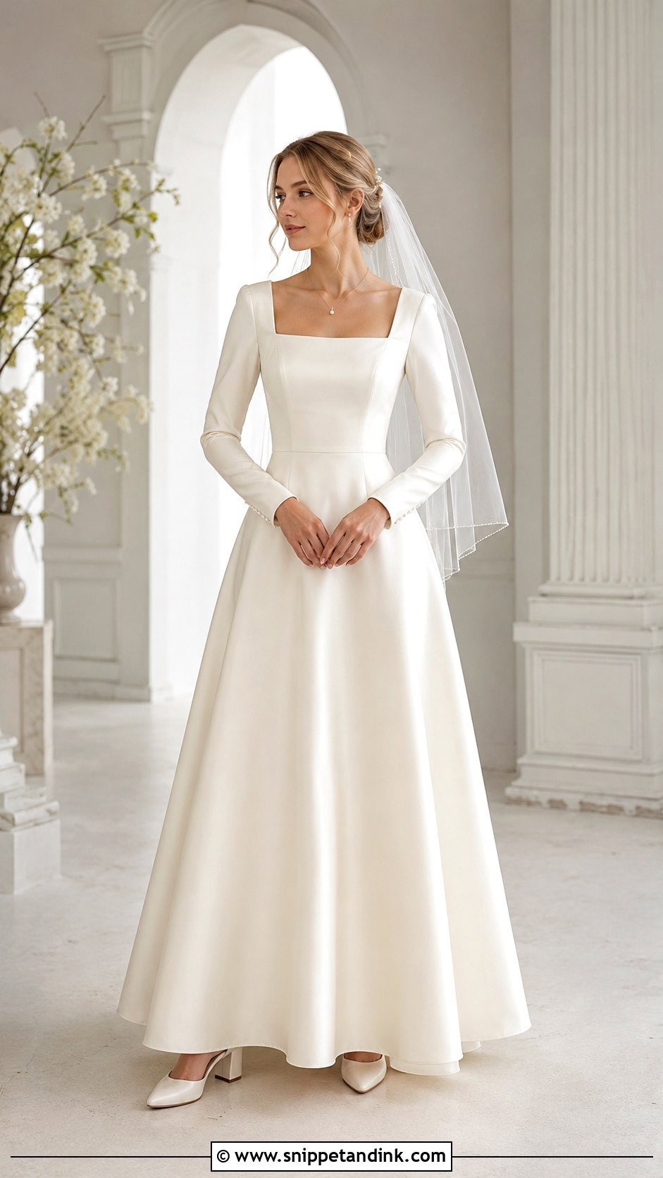 Square Neck Wedding Gown With Long Sleeves - Snippet and Ink - 20 Modest Wedding Gowns with Sleeves