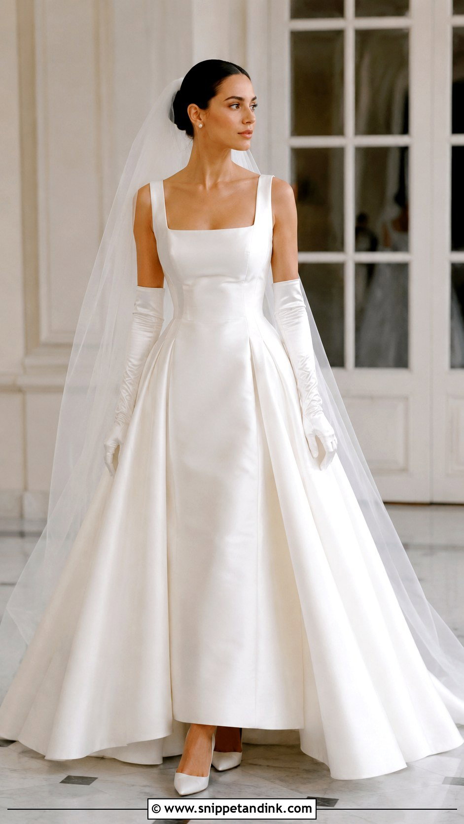 Square Neck Wedding Gown With Opera Gloves - Snippet and Ink - 25 Wedding Gown with Gloves Ideas