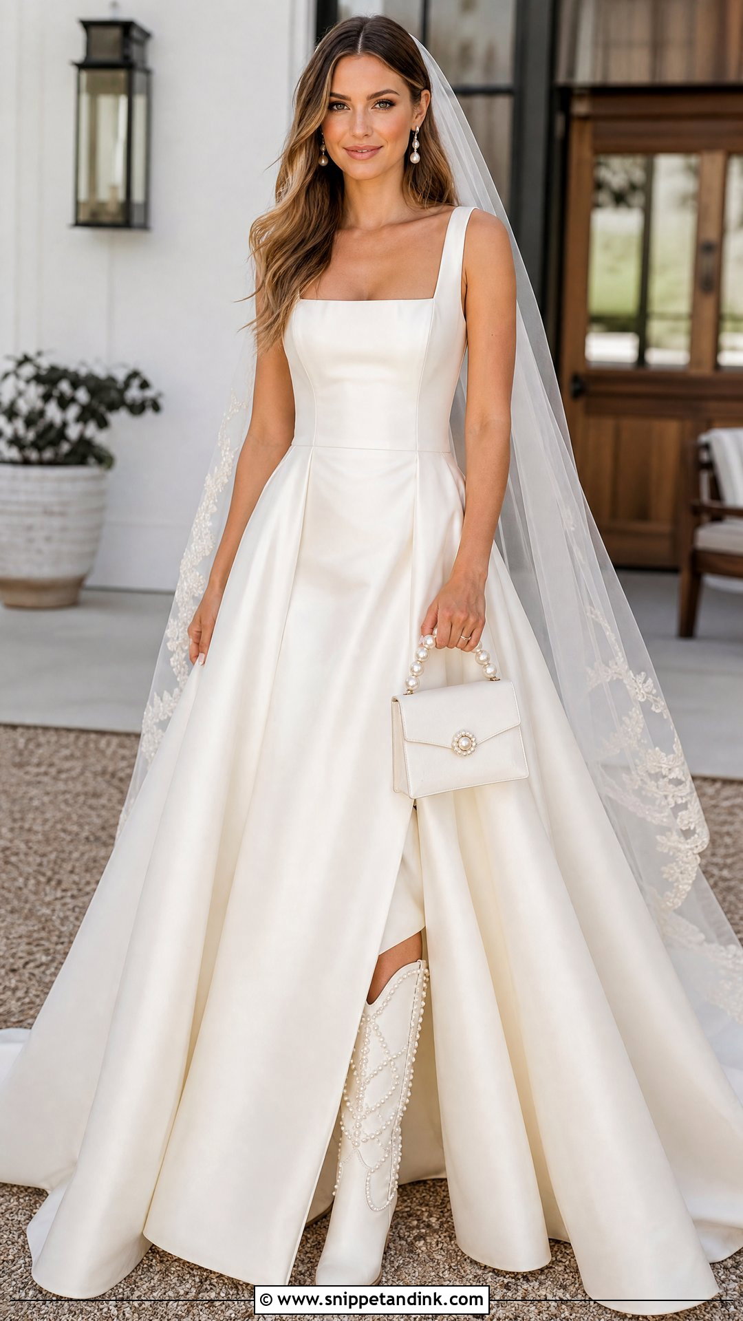 Square Neck Western Bride Dress With Pearl Cowboy Boots - Snippet and Ink - 20 Western Bride Dress Ideas