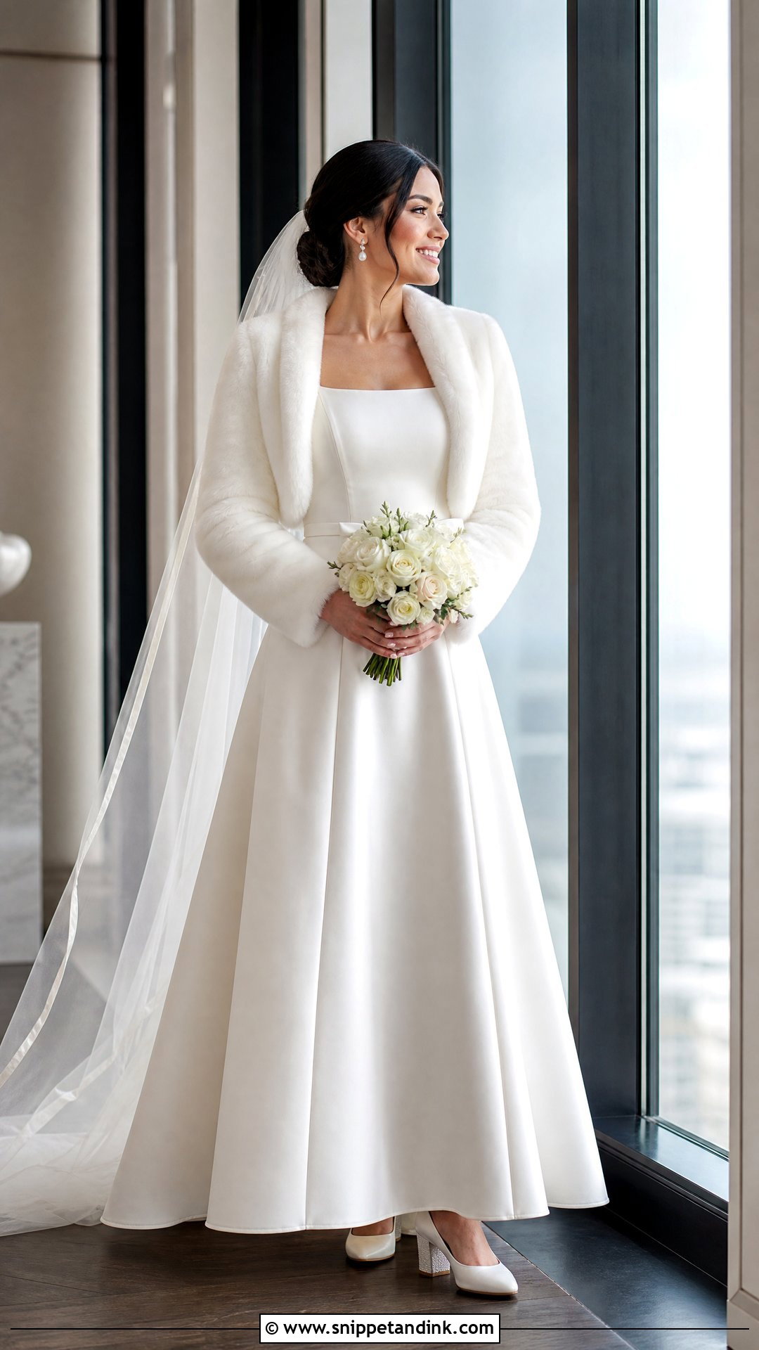 Square Neck Winter Wedding Dress With Fur Shrug - Snippet and Ink - 25 Winter Wedding Dress Fur Ideas
