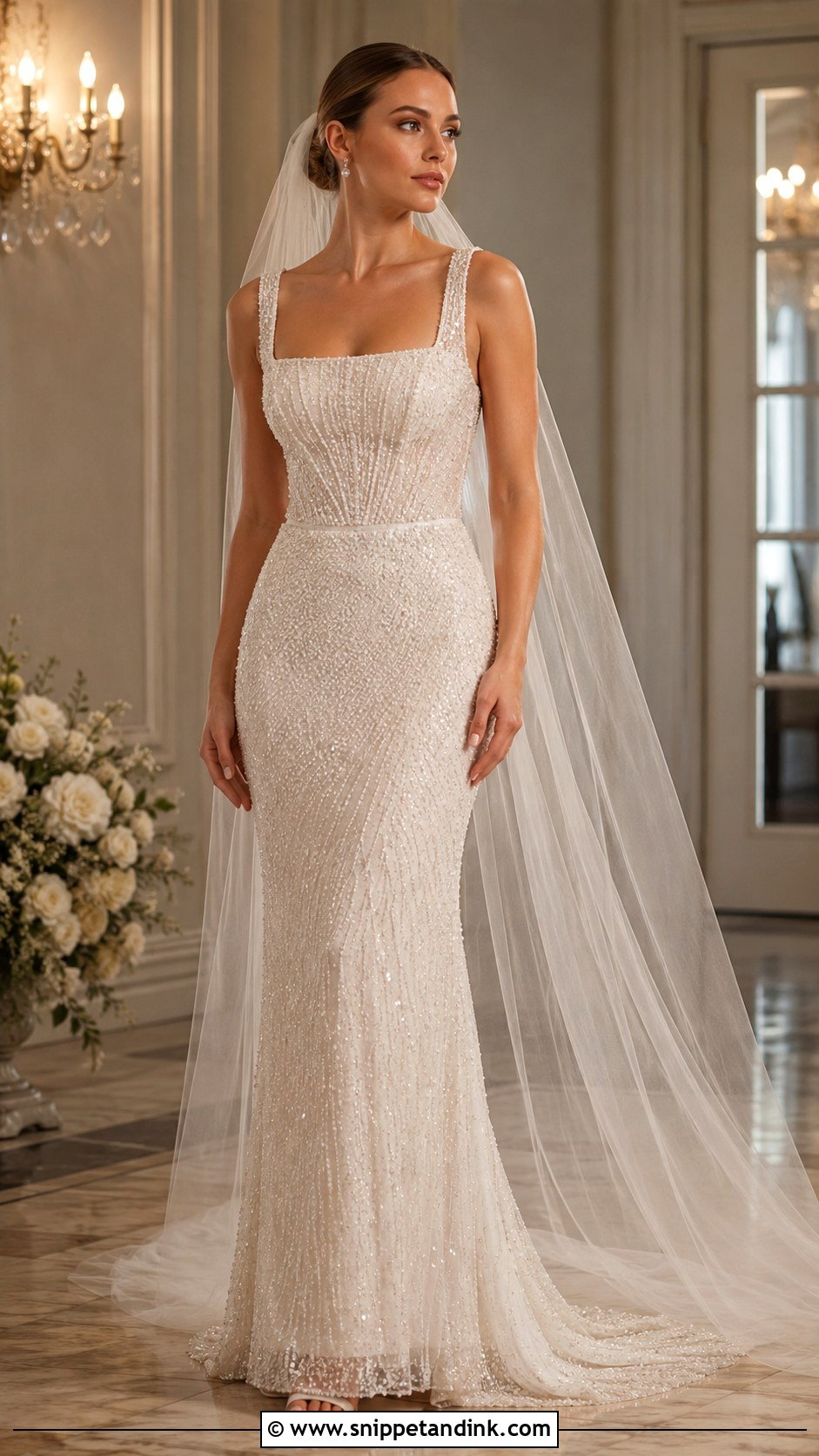 Square Neckline Beaded Wedding Dress - Snippet and Ink - 25 Square Neckline Wedding Dress Ideas