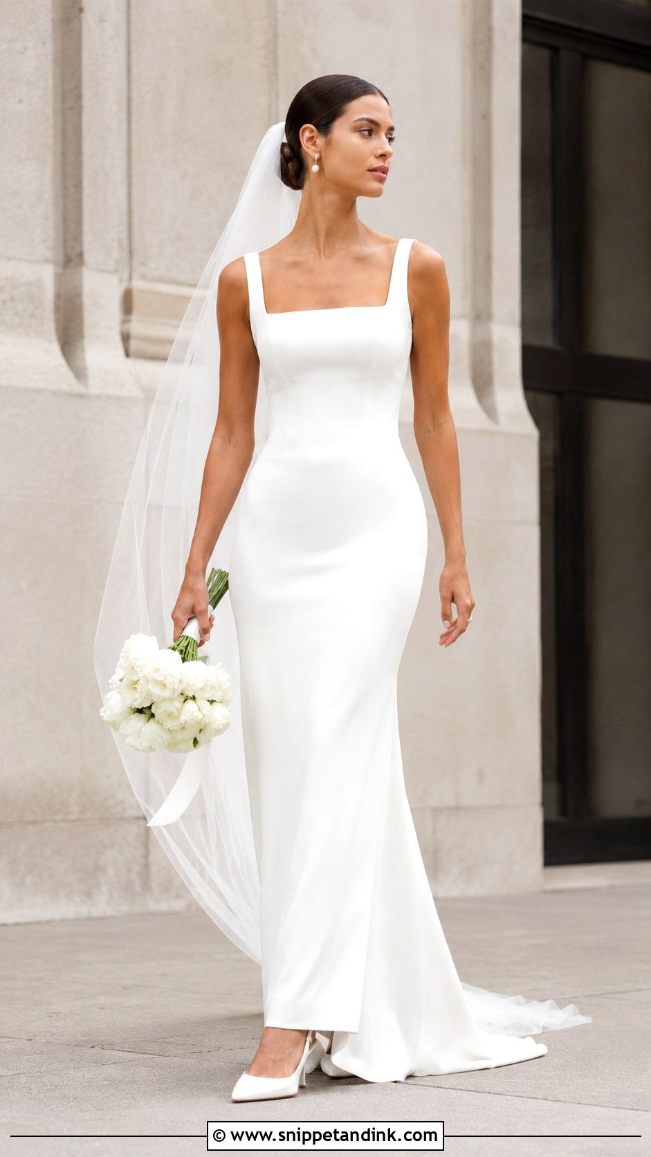 Square Neckline Crepe Sheath Wedding Dress - Snippet and Ink - 25 Square Neckline Wedding Dress Ideas