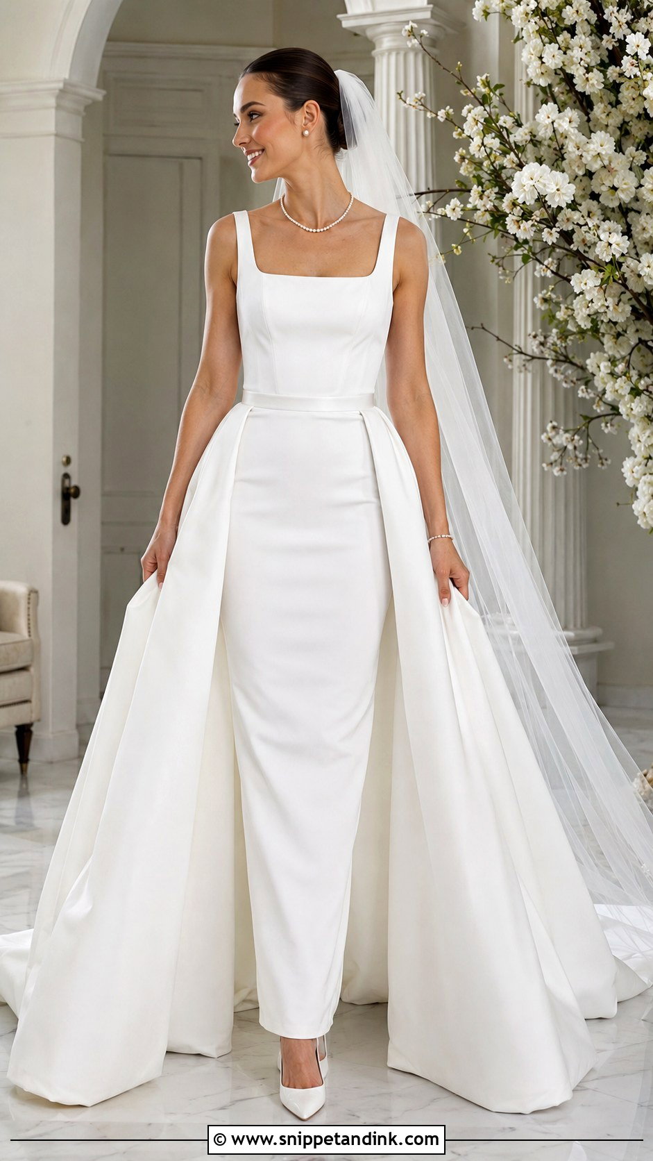 Square Neckline Detachable Overskirt Wedding Dress - Snippet and Ink - 25 Square Neckline Wedding Dress Ideas