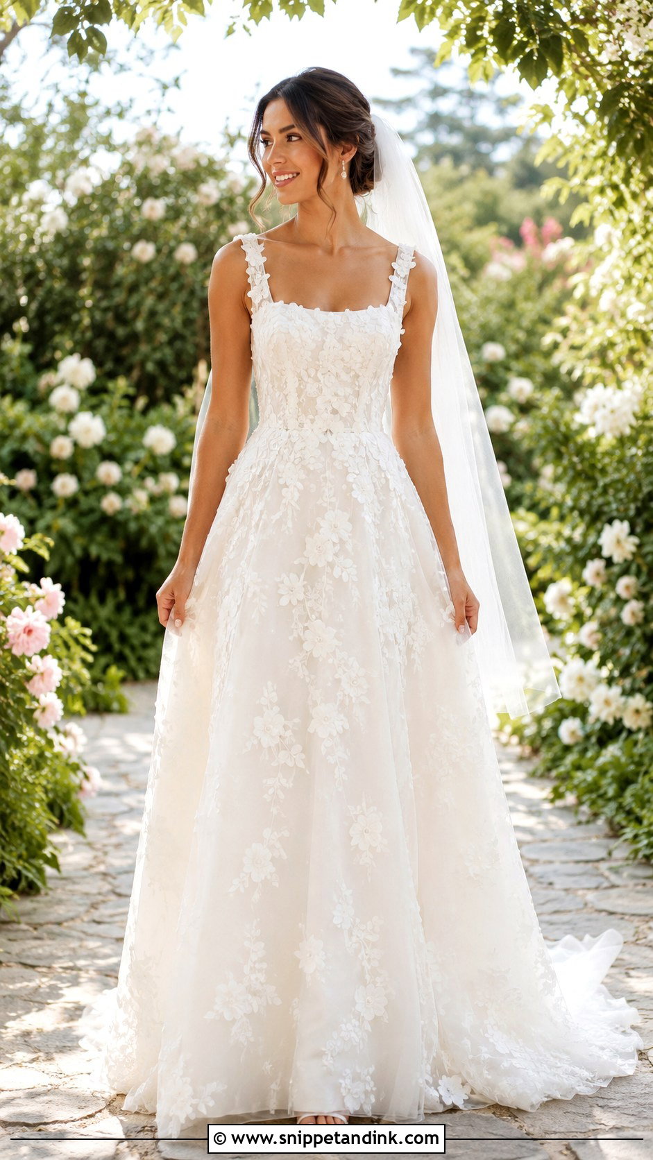 Square Neckline Floral Applique Wedding Dress - Snippet and Ink - 25 Square Neckline Wedding Dress Ideas