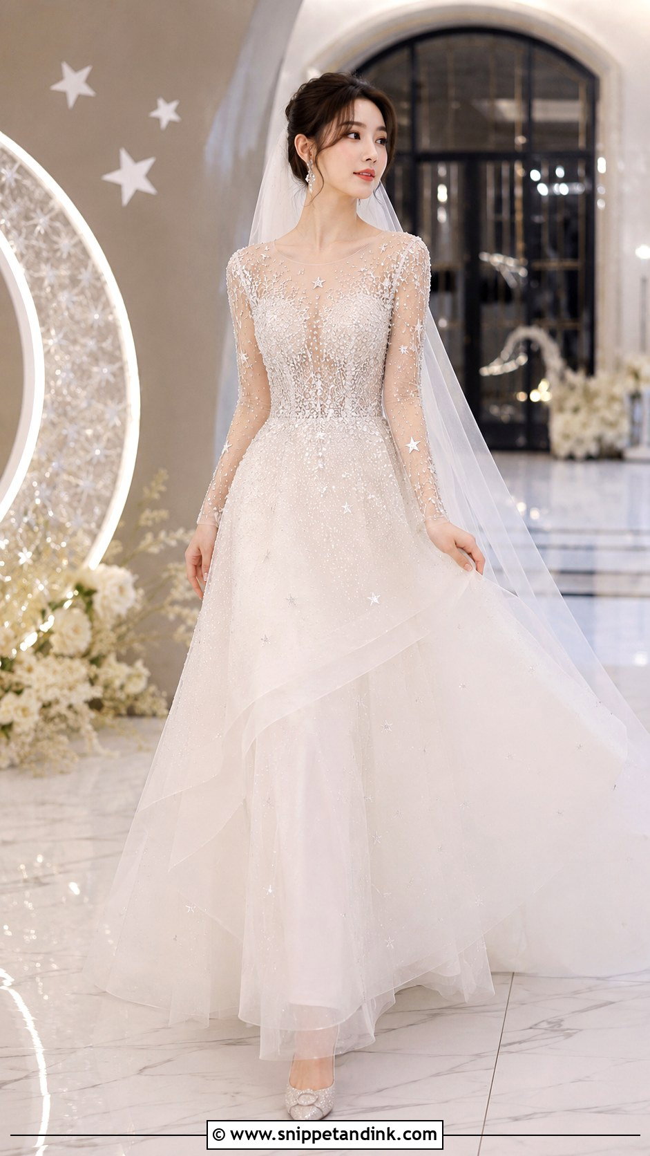 Star Beaded Mesh Sleeve Wedding Dress - Snippet and Ink - 20 Mesh Sleeve Wedding Dress Ideas