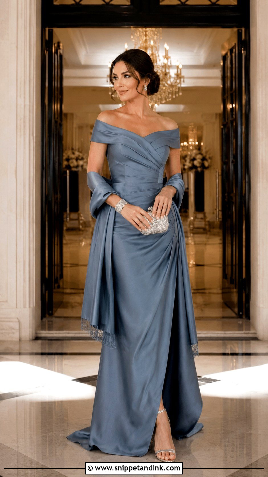 Steel Blue Off Shoulder Gown Wedding Outfit - Snippet and Ink - 20 Blue Wedding Outfit Ideas