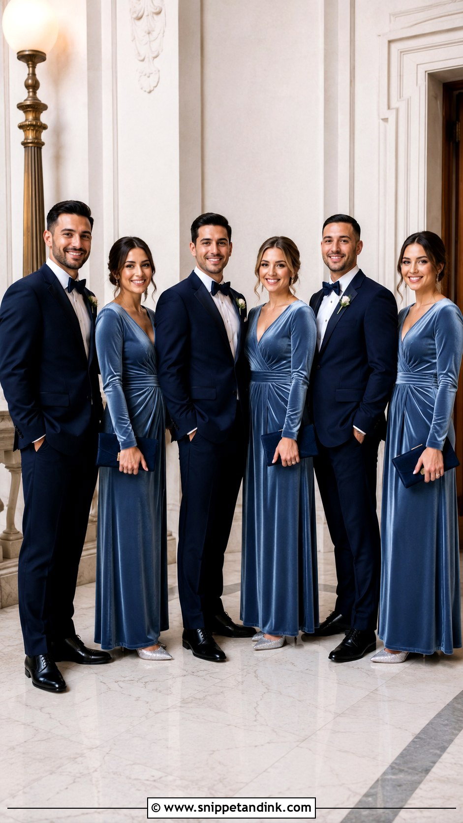 Steel Blue Velvet Dresses With Navy Tuxedos - Snippet and Ink - 20 Blue Wedding Party Attire Ideas