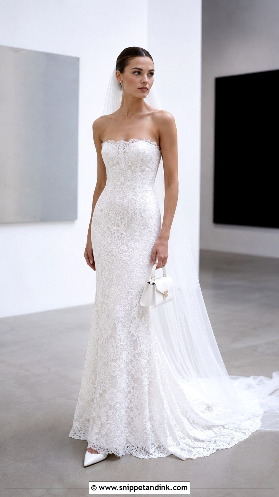 Straight Neckline Lace Fit And Flare Wedding Dress - Snippet and Ink - 20 Fitted Strapless Lace Wedding Dress Ideas