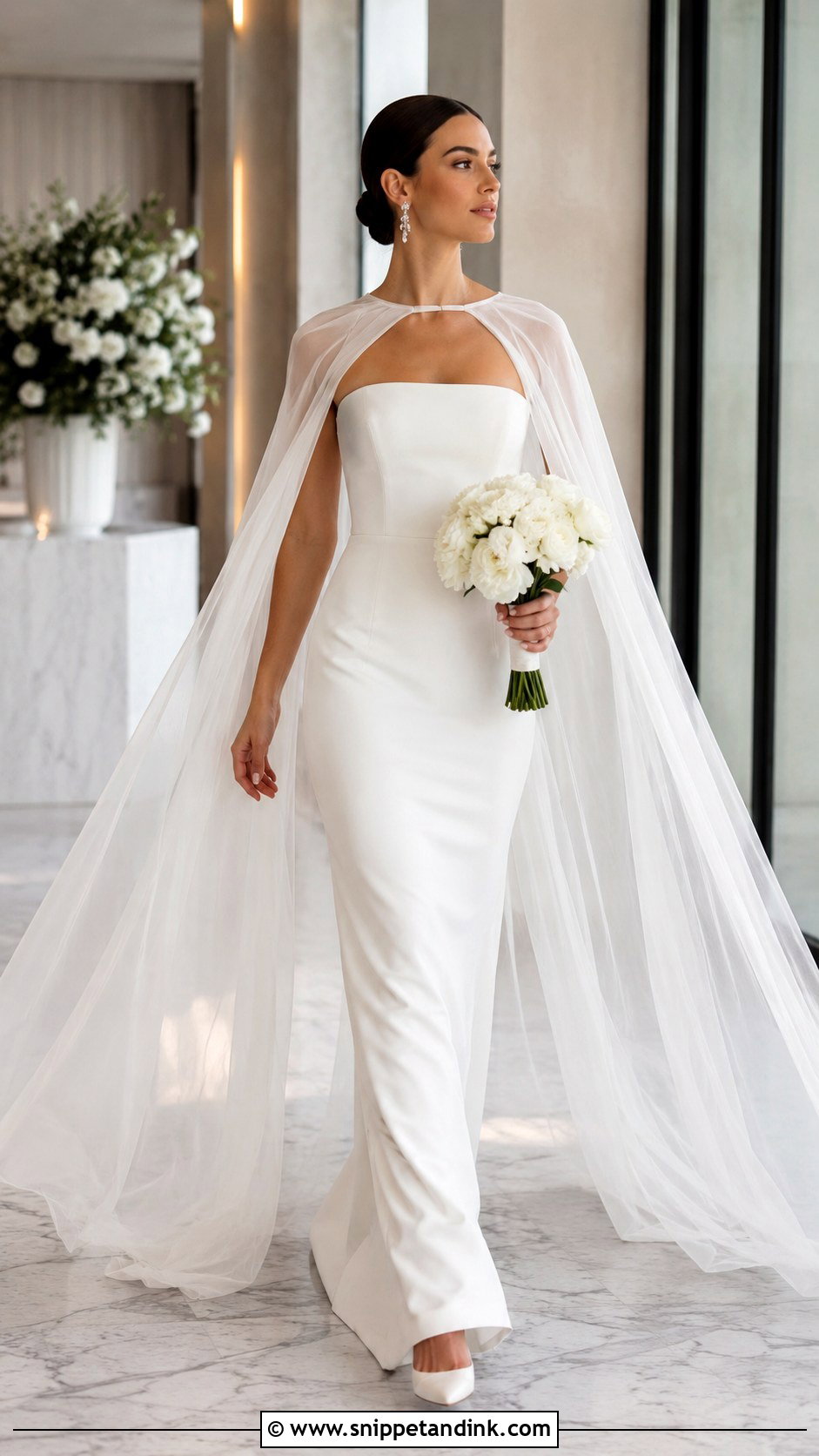 Straight Neckline Wedding Dress With Bridal Cape - Snippet and Ink - 20 Straight Neckline Wedding Dress Ideas