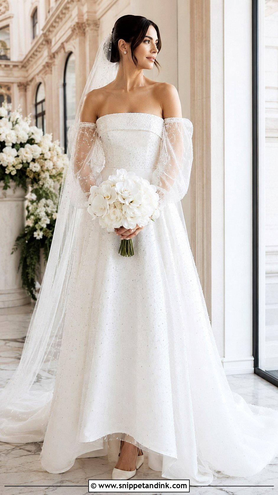 Straight Neckline Wedding Dress With Detachable Sleeves - Snippet and Ink - 20 Straight Neckline Wedding Dress Ideas