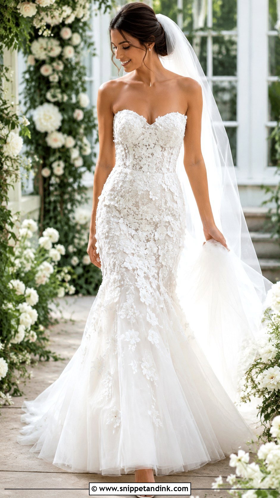 Strapless 3D Floral Mermaid Wedding Dress - Snippet and Ink - 25 Strapless Mermaid Wedding Dress Ideas