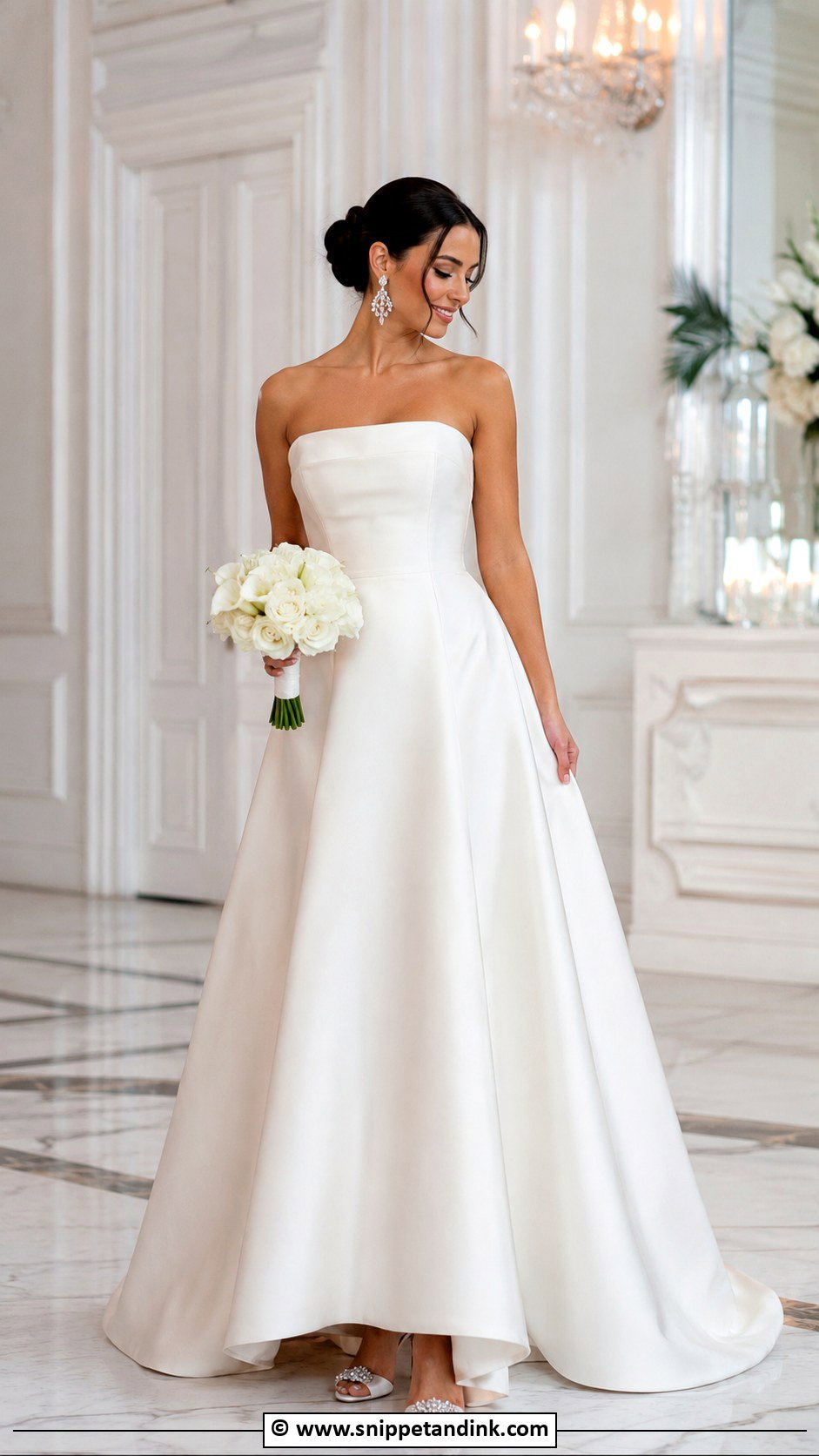 Strapless A Line Wedding Dress With Statement Earrings - Snippet and Ink - 30 Aline Wedding Dress Ideas