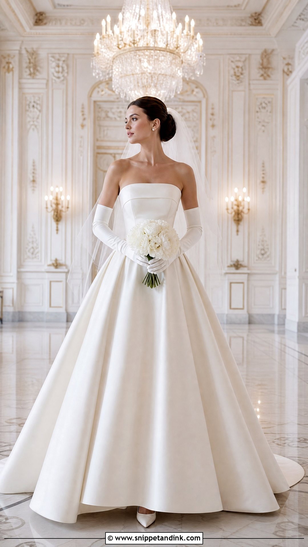 Strapless Ball Gown Wedding Dress With Long Gloves - Snippet and Ink - 20 Wedding Dress Combination Ideas