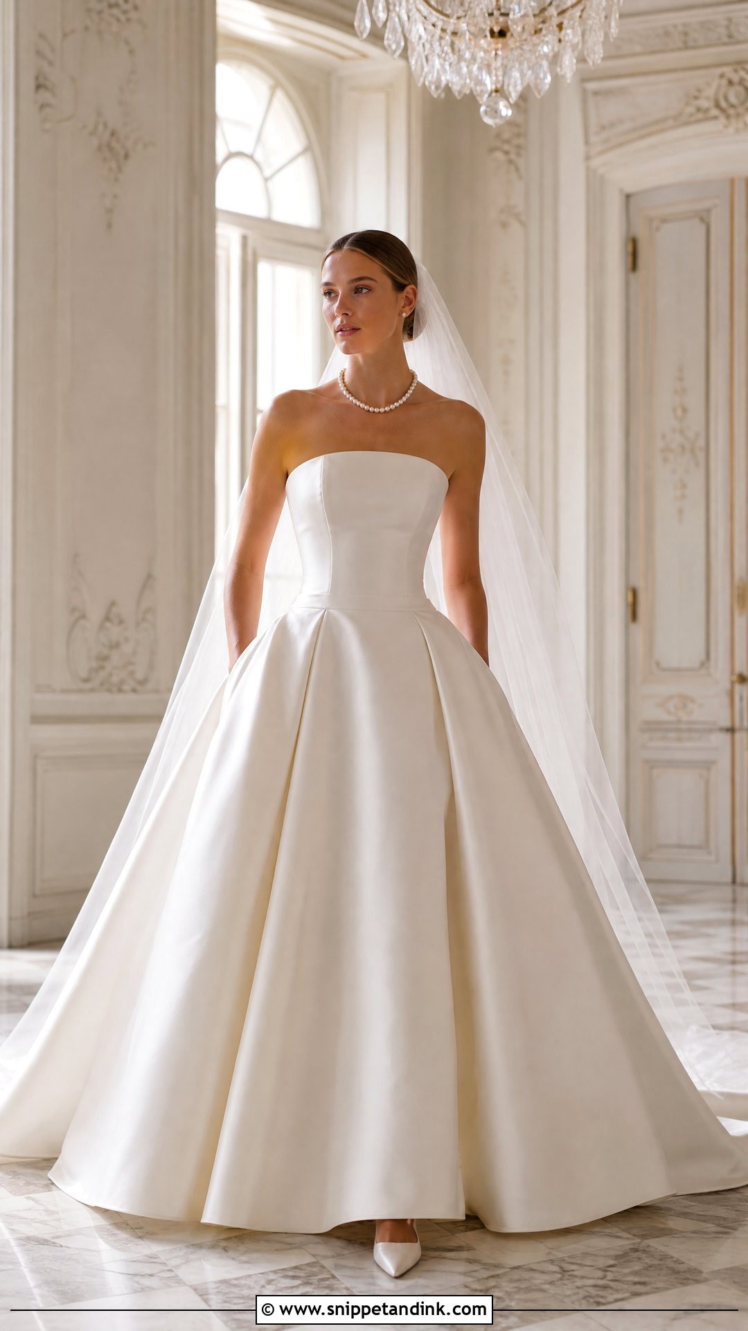 Strapless Ball Gown With Pearl Necklace - Snippet and Ink - 20 Wedding Dress with Pearl Necklace Ideas