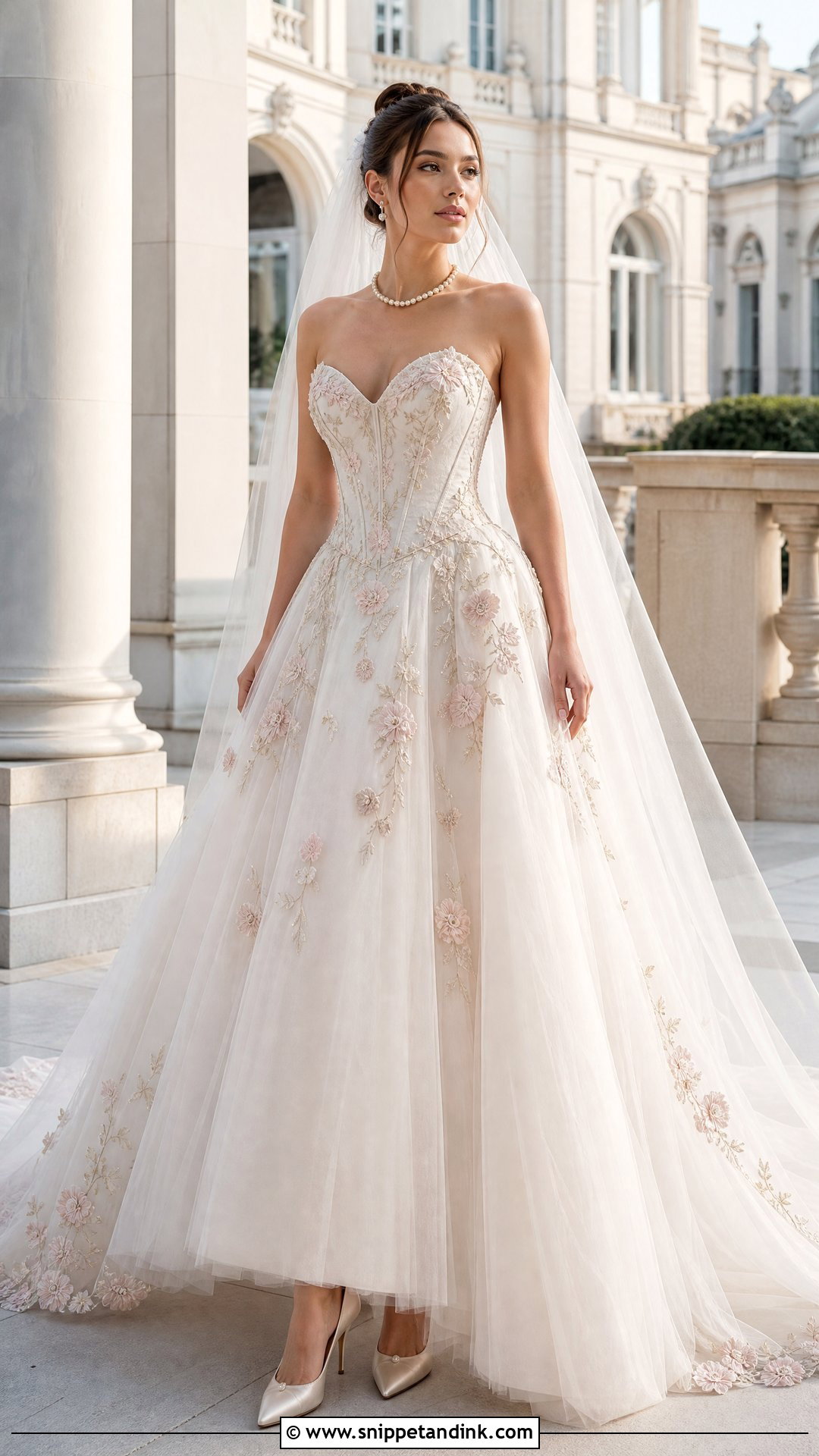 Strapless Basque Waist Floral Embroidered Wedding Dress - Snippet and Ink - 20 Wedding Dress Floral Embroidery Ideas