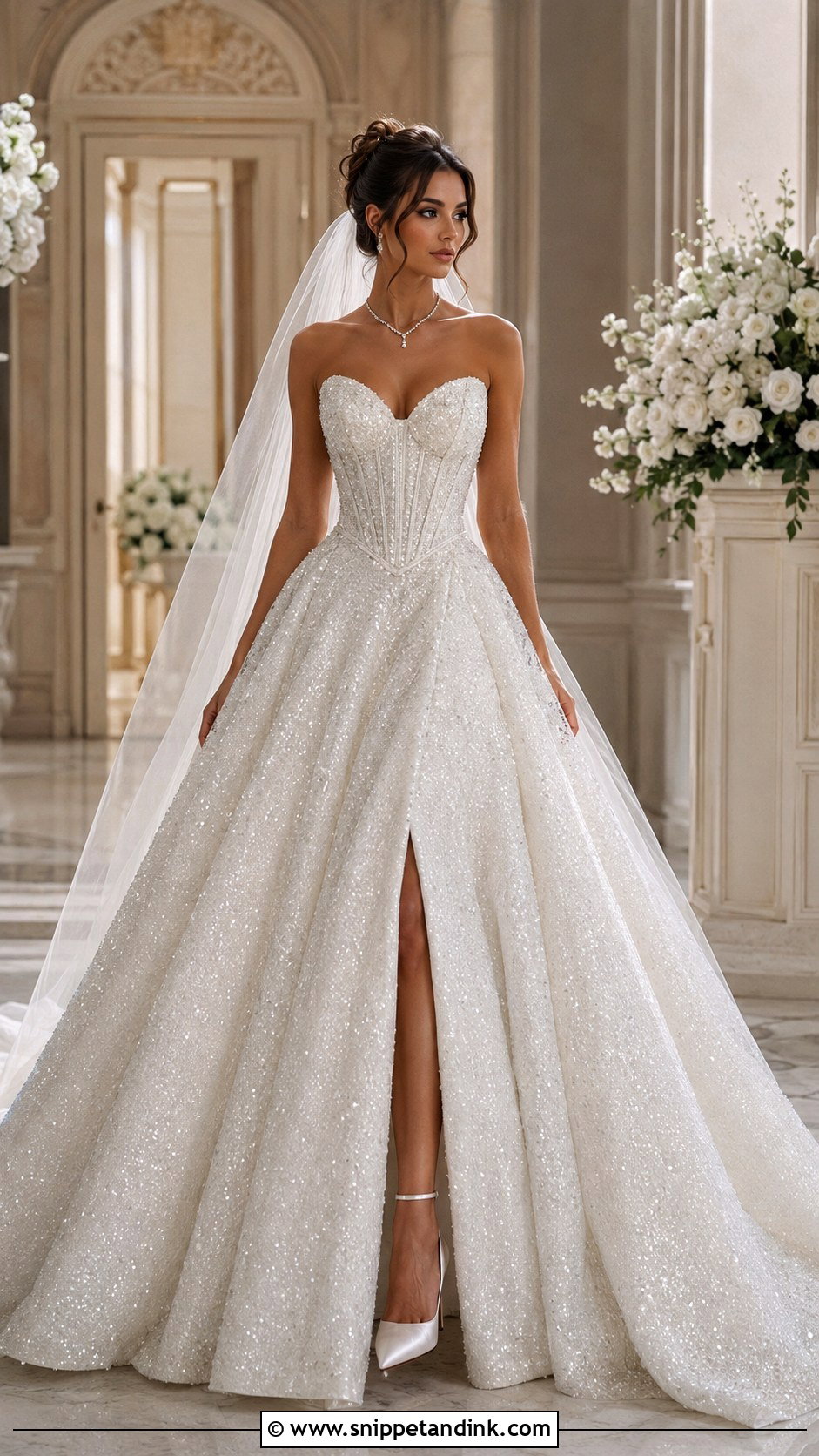 Strapless Basque Waist Glitter Wedding Dress - Snippet and Ink - 20 Glittery Wedding Dress Ideas