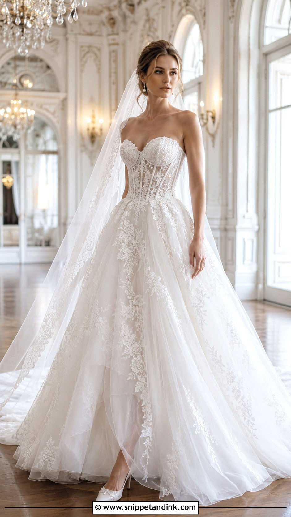 Strapless Basque Waist Lace Wedding Dress - Snippet and Ink - 20 Basque Waist Lace Wedding Dress Ideas
