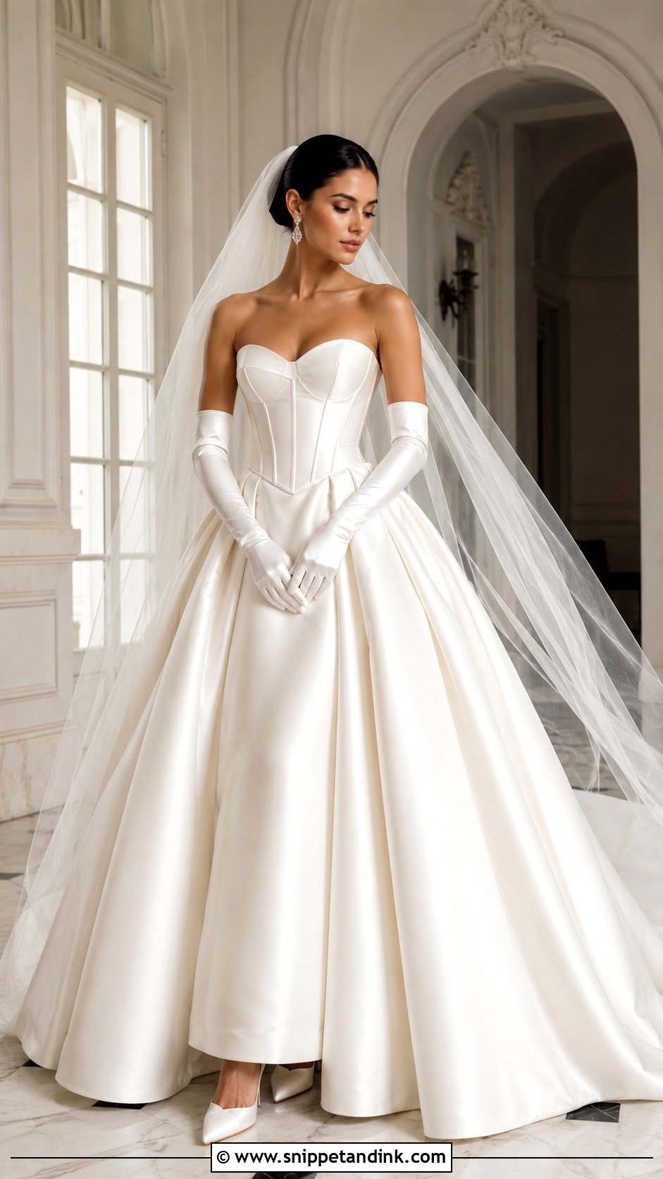 Strapless Basque Waist Wedding Dress With Satin Gloves - Snippet and Ink - 20 Strapless Wedding Dress with Gloves Ideas