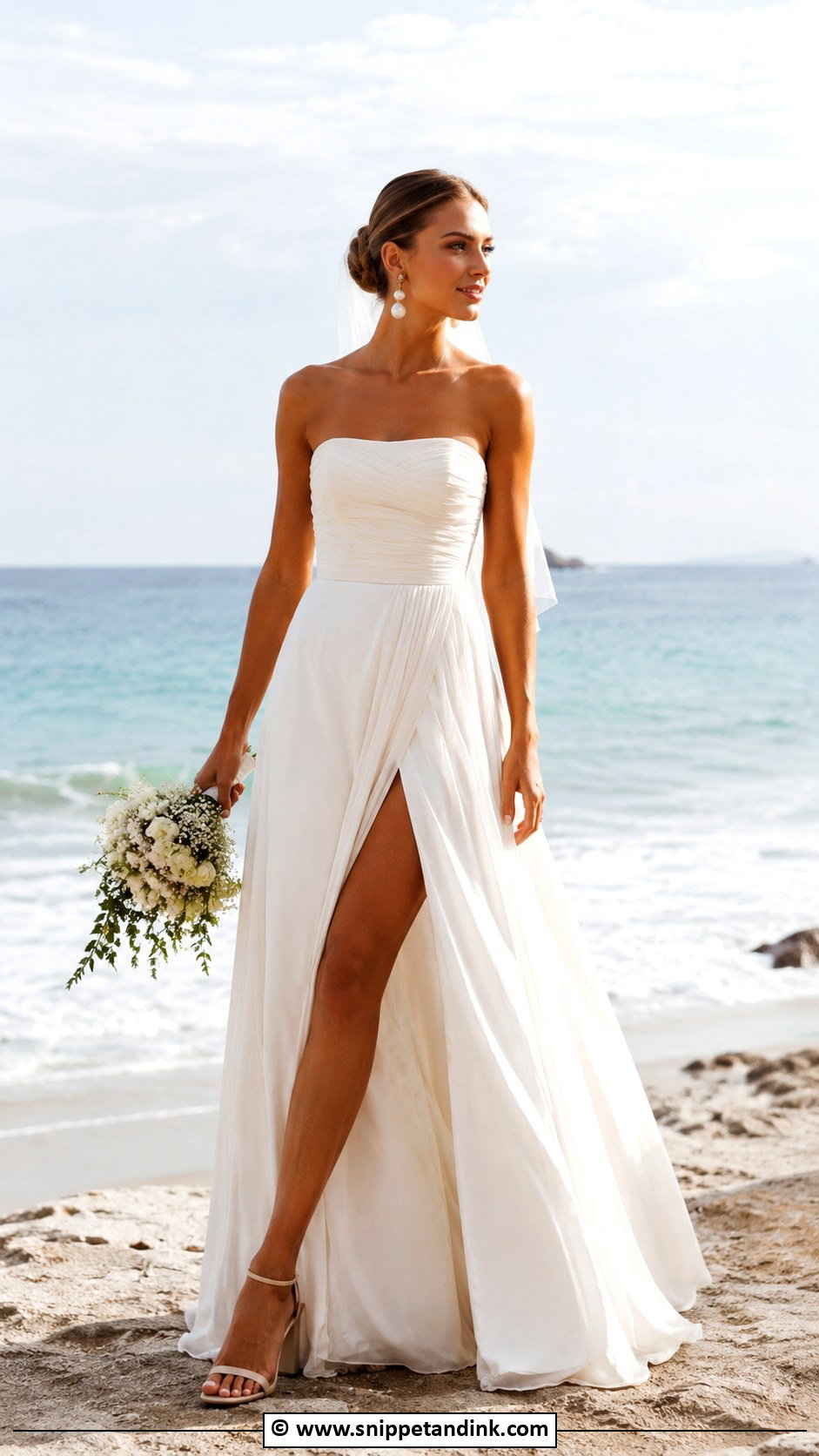Strapless Beach Bridal Dress With Statement Earrings - Snippet and Ink - 30 Beach Bridal Dresses