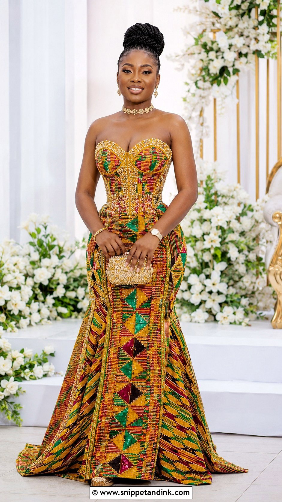 Strapless Beaded Kente Gown - Snippet and Ink - 20 Kente Dress Ghana Traditional Weddings Ideas