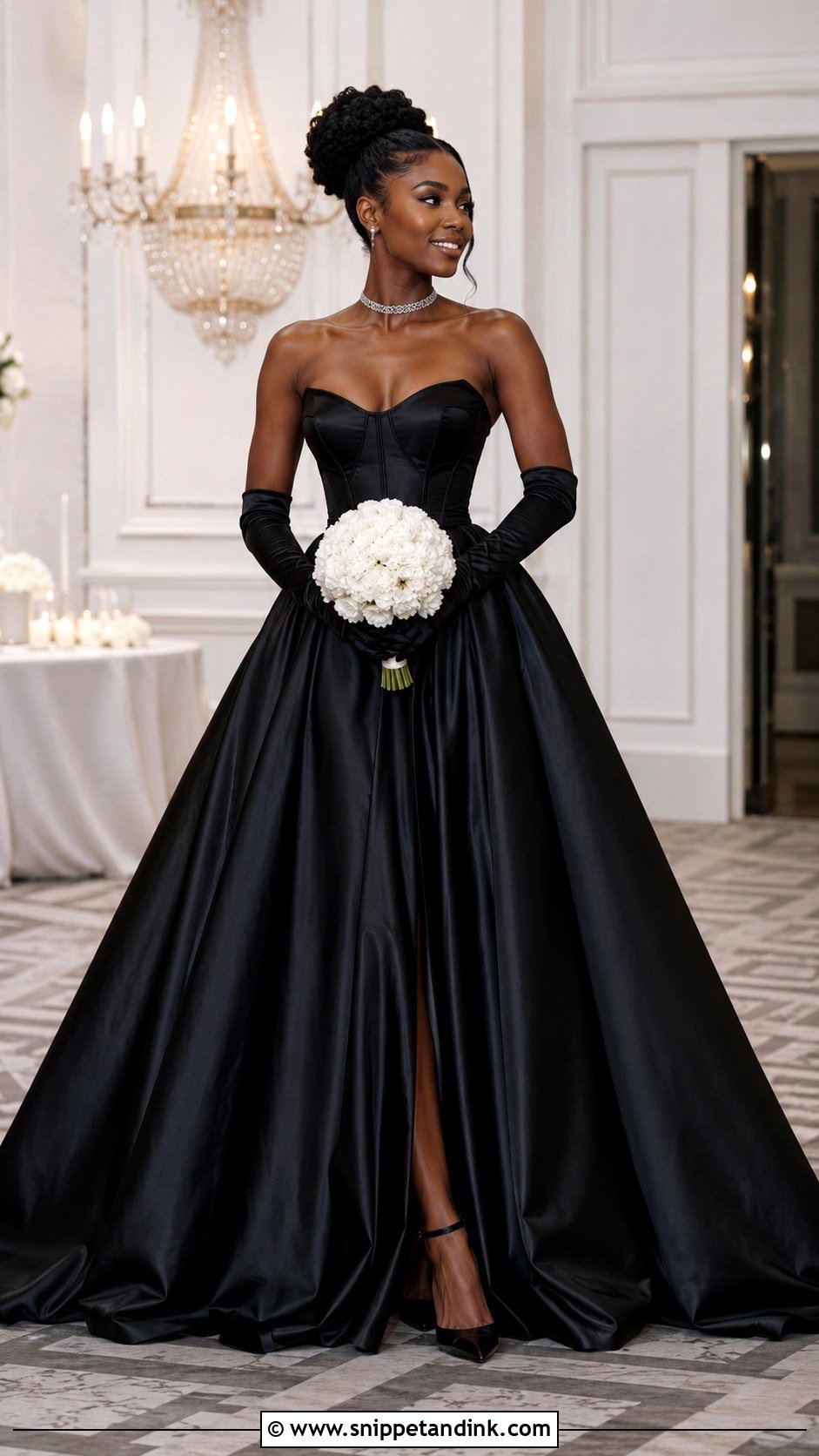 Strapless Black Ballgown Wedding Dress With Satin Gloves - Snippet and Ink - 20 Ballgown Wedding Dress Black Woman Ideas