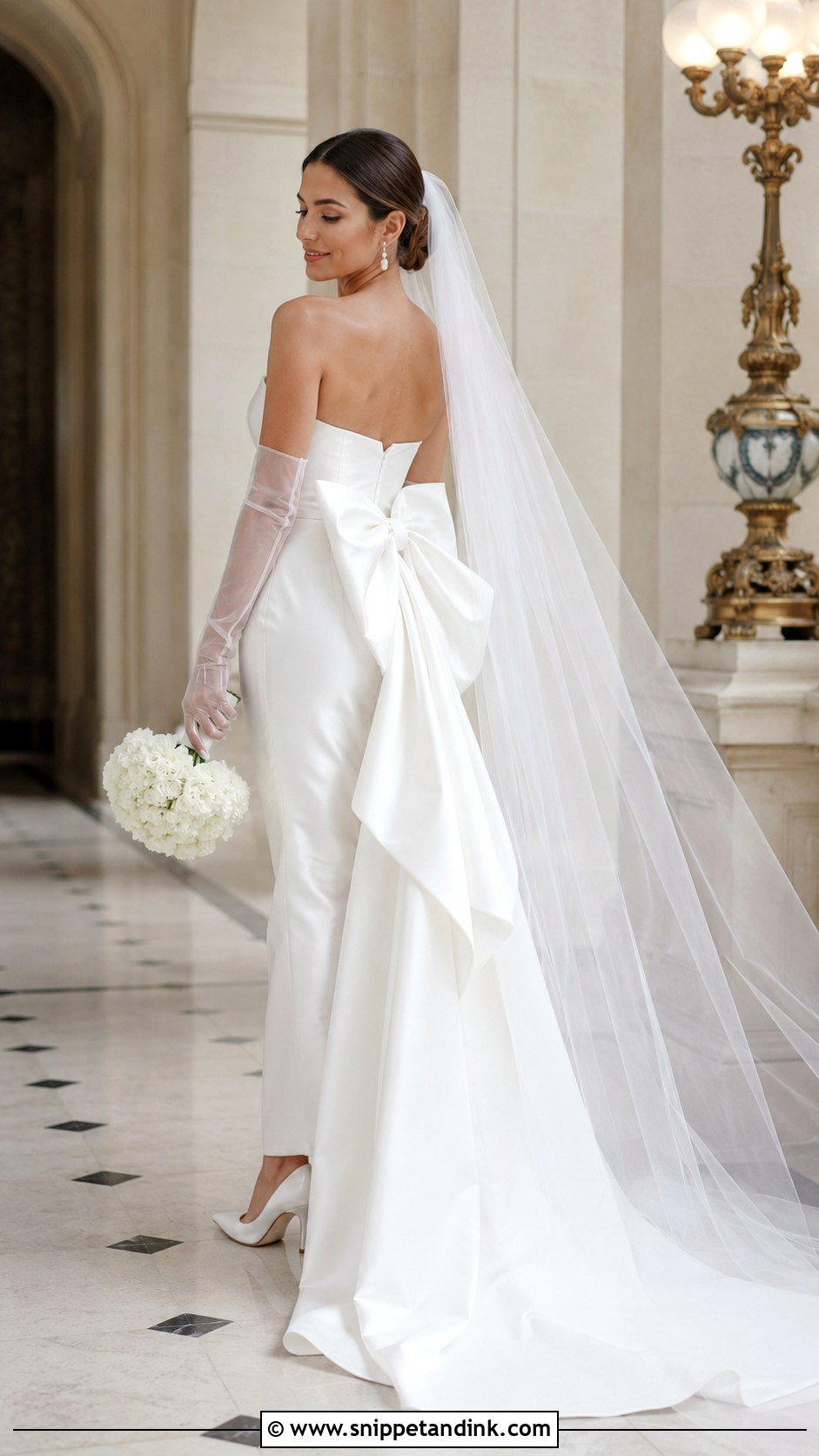 Strapless Bow Back Wedding Dress With Sheer Gloves - Snippet and Ink - 20 Strapless Wedding Dress with Gloves Ideas
