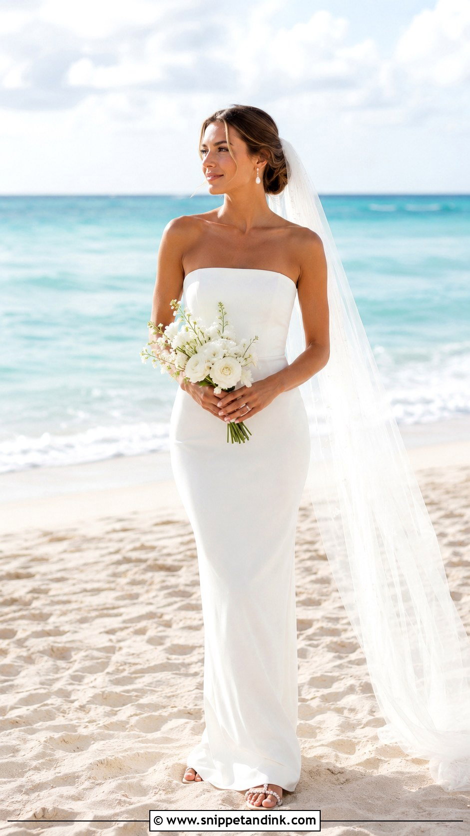 Strapless Bridal Beach Column Dress - Snippet and Ink - 20 Bridal Beach Outfit Ideas