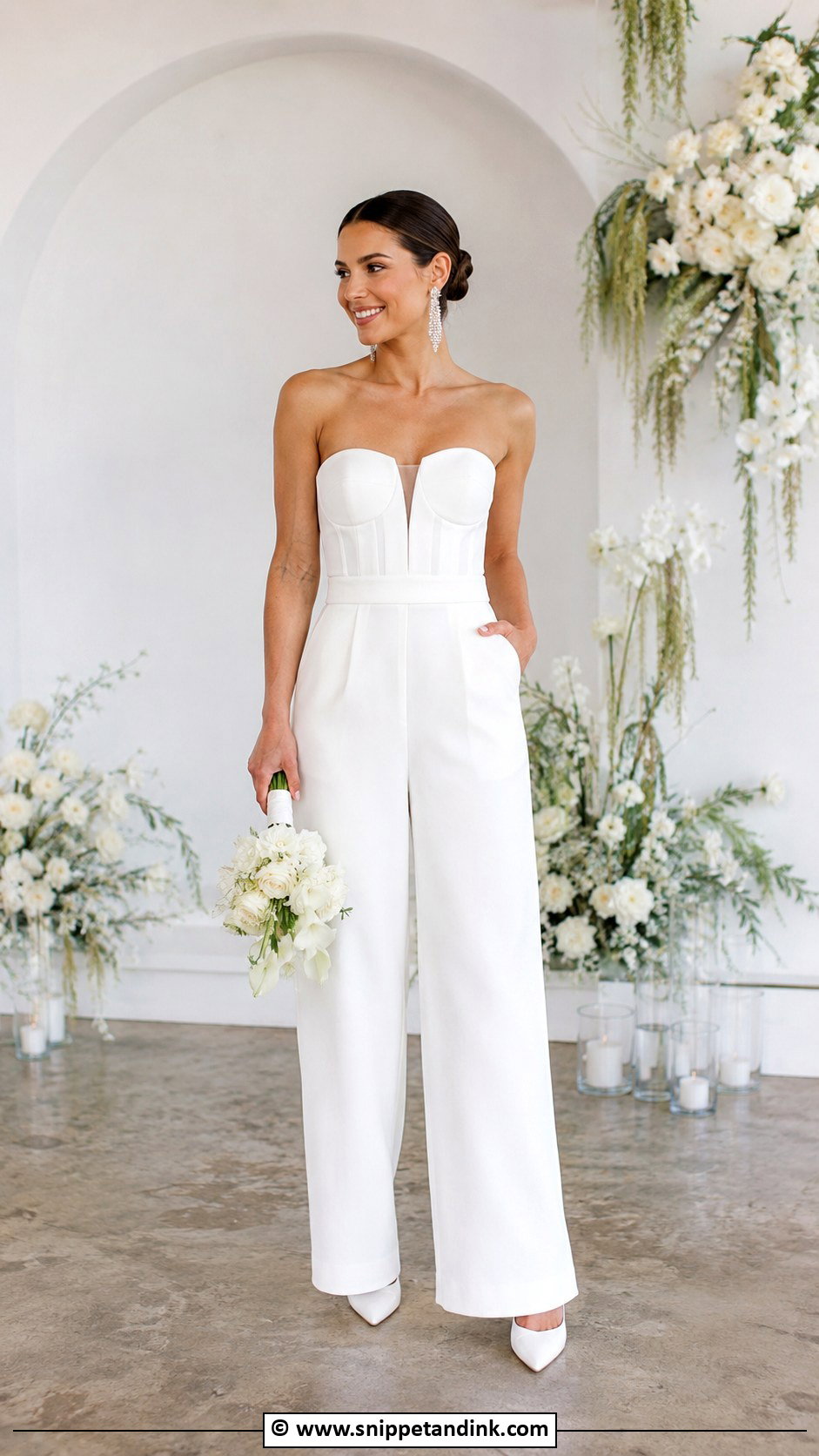 Strapless Bridal Jumpsuit With Statement Earrings - Snippet and Ink - 30 Bridal Jumpsuit Ideas
