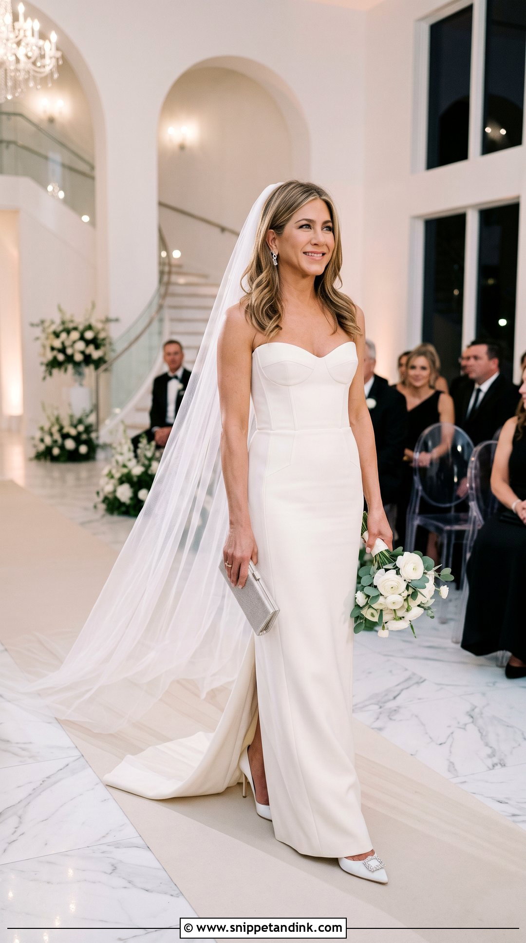 Strapless Column Wedding Dress With Cathedral Veil - Snippet and Ink - 20 Jennifer Aniston Wedding Dress Ideas