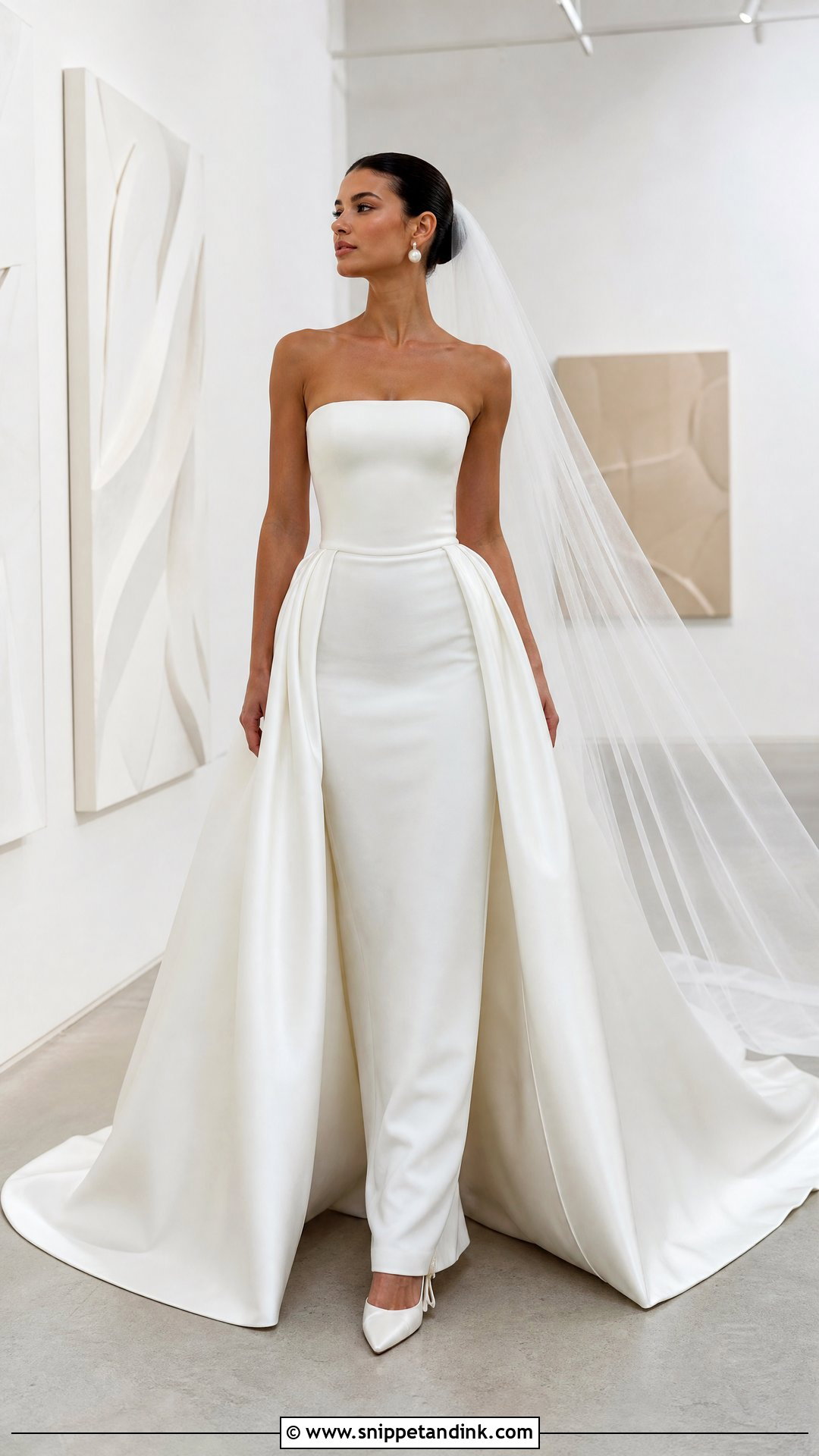Strapless Column Wedding Dress With Satin Overskirt - Snippet and Ink - 20 Removable Skirt Wedding Dress Ideas