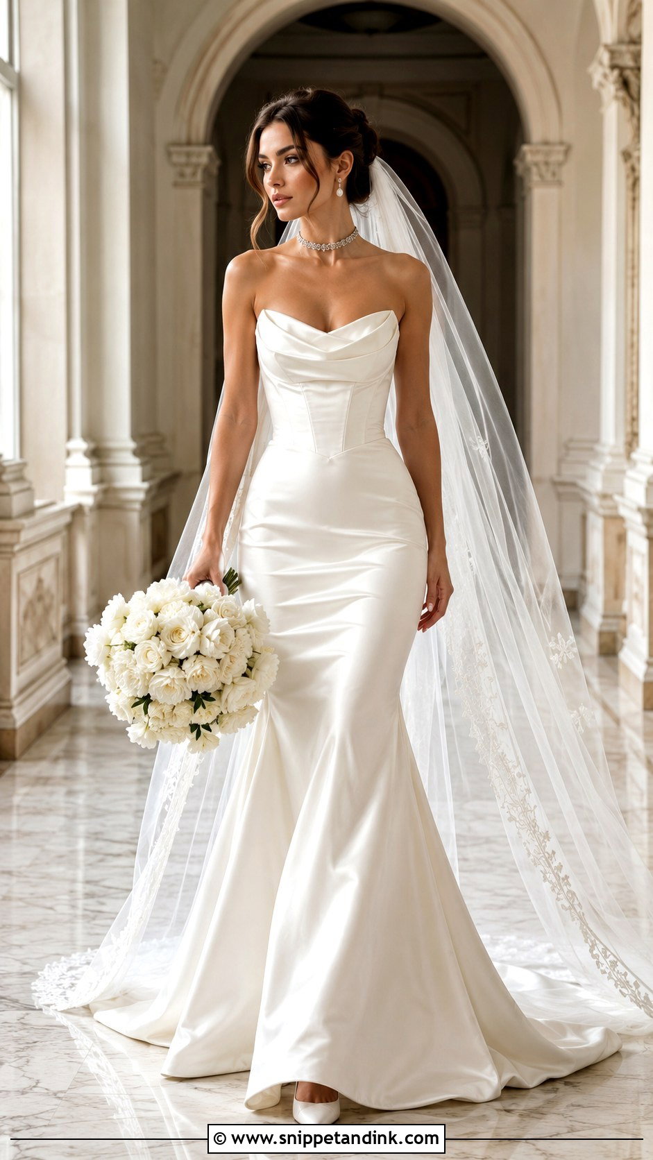 Strapless Corset Wedding Dress With Cathedral Veil - Snippet and Ink - 20 Barbra Palvin Wedding Dress Ideas
