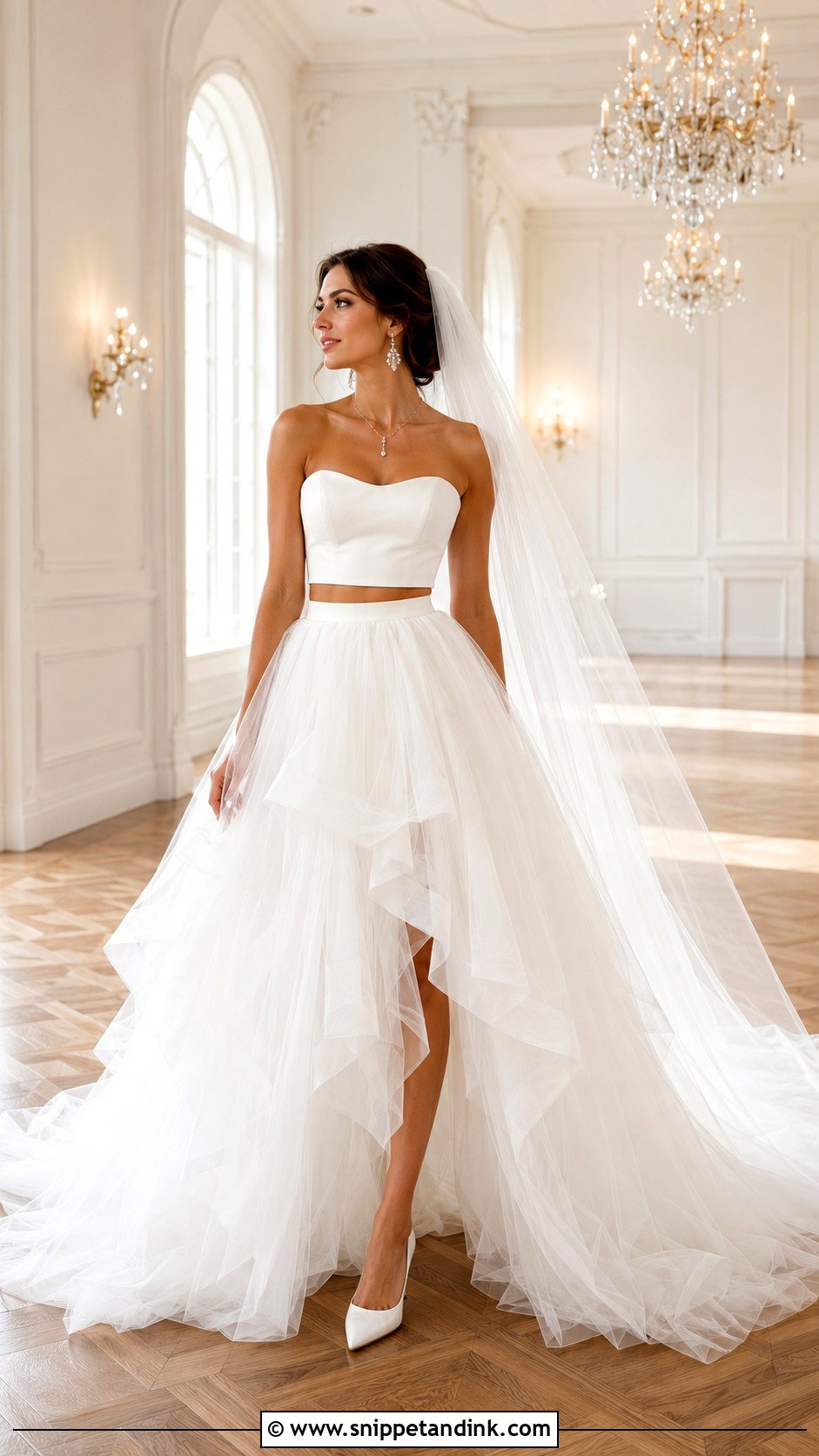 Strapless Crop Top Wedding Dress With Layered Tulle Skirt - Snippet and Ink - 20 Crop Top Wedding Dress Ideas