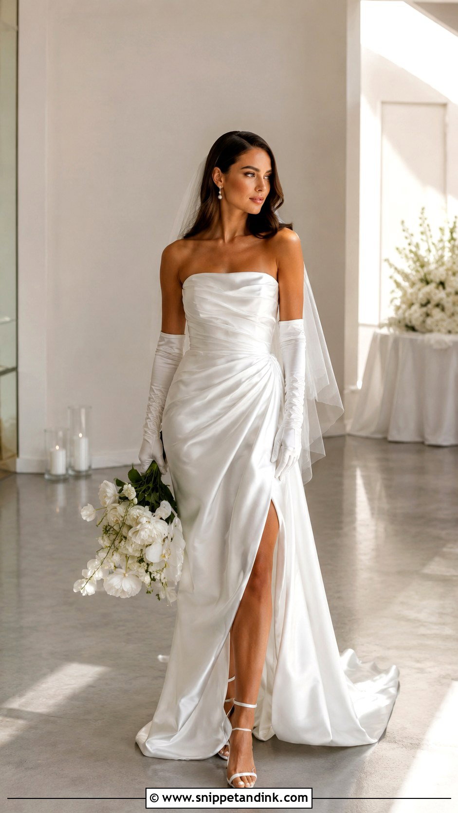 Strapless Draped Wedding Dress With Ruched Gloves - Snippet and Ink - 20 Strapless Wedding Dress with Gloves Ideas