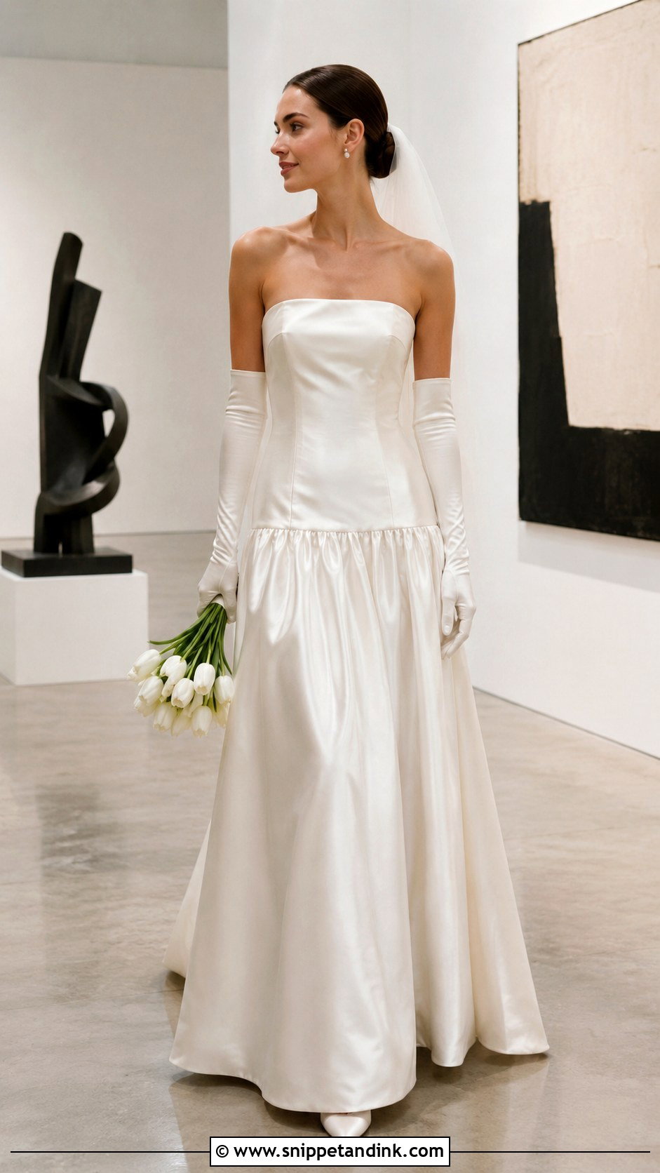 Strapless Drop Waist Satin Dress With Long Gloves - Snippet and Ink - 20 Low Waist Wedding Dresses