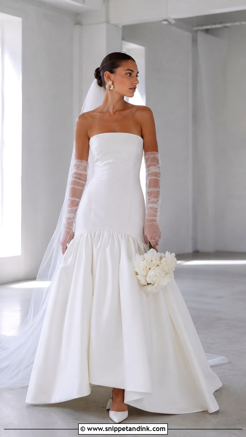 Strapless Drop Waist Wedding Dress With Organza Gloves - Snippet and Ink - 20 Strapless Wedding Dress with Gloves Ideas