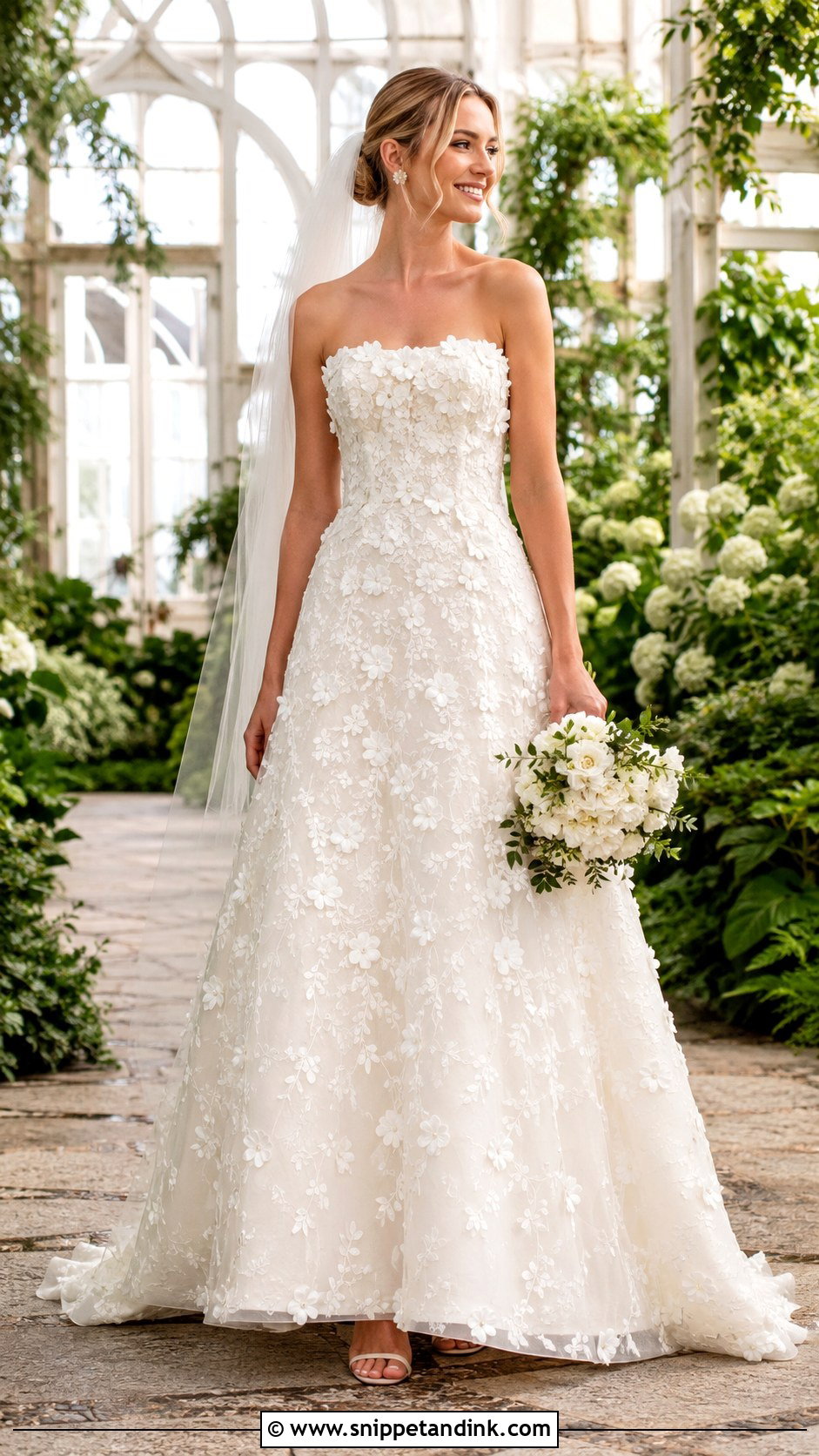 Strapless Floral Applique Wedding Dress - Snippet and Ink - 20 Modern Bride Dress Ideas